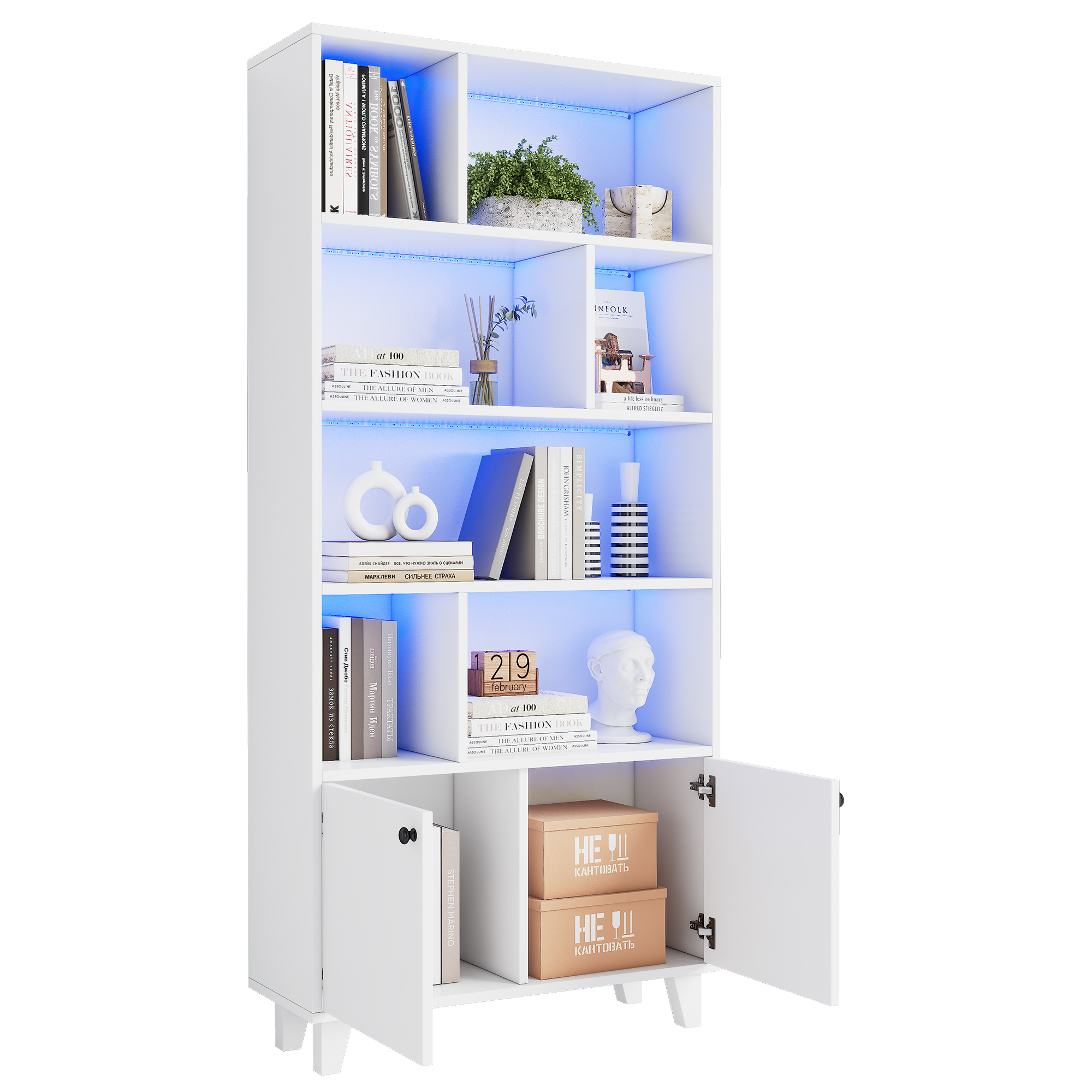 Bibliothèque, éclairage led, 80 x 30 x 173 cm, bois massif, blanc - vue 1