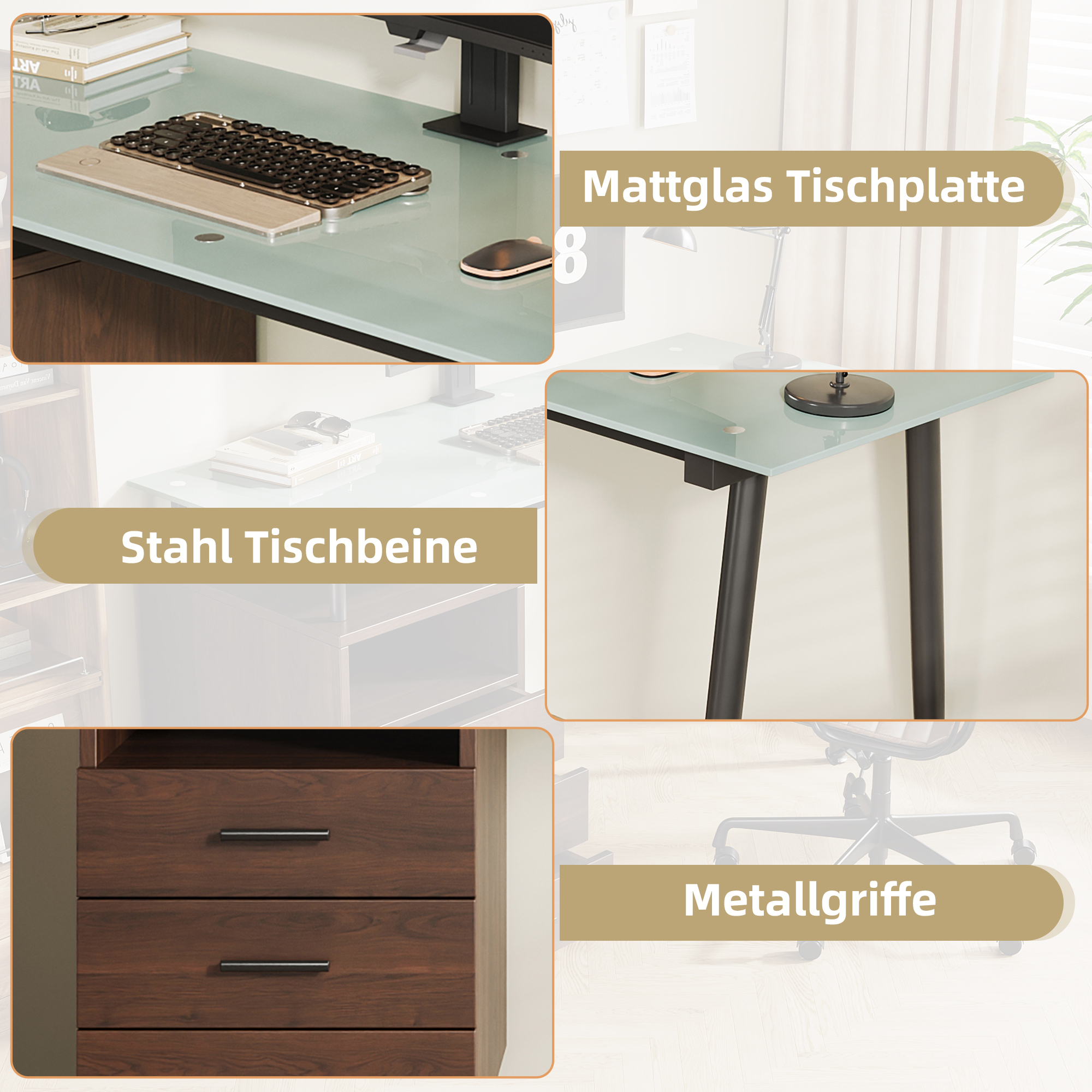 Bureau, avec tiroirs, éléments en verre, 130 x 50 x 75 cm, métal et acier, noir - vue 5