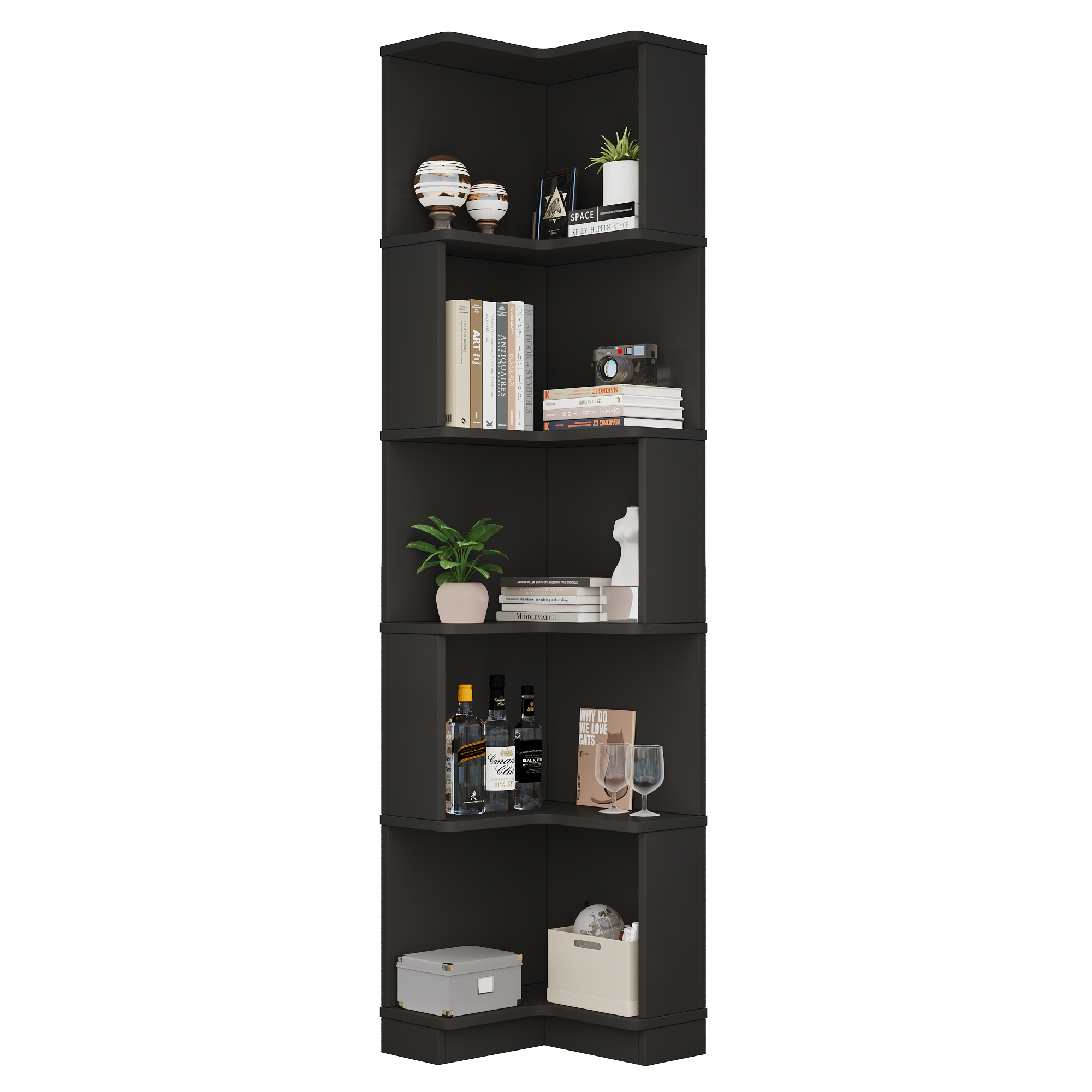 Bibliothèque, rangement intégré, éclairage led, 63,5 x 45 x 175 cm, MDF, noir - vue 1