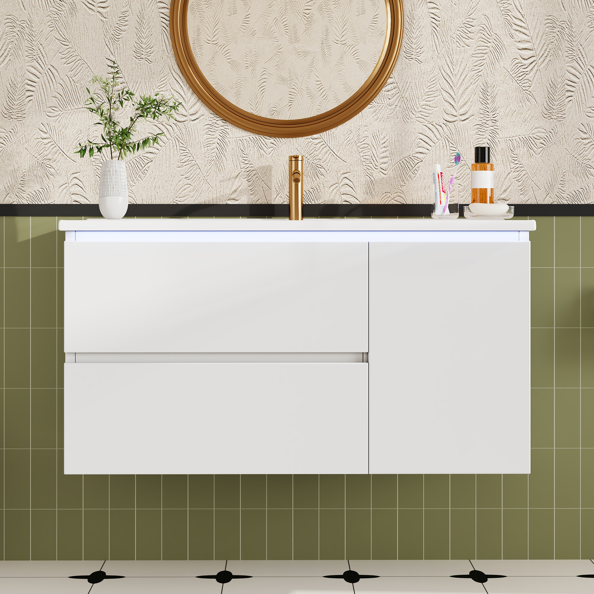 Meuble vasque de salle de bains, avec tiroirs, éclairage led, 91 x 46,5 x 50,5 cm, céramique et MDF, blanc - vue 5