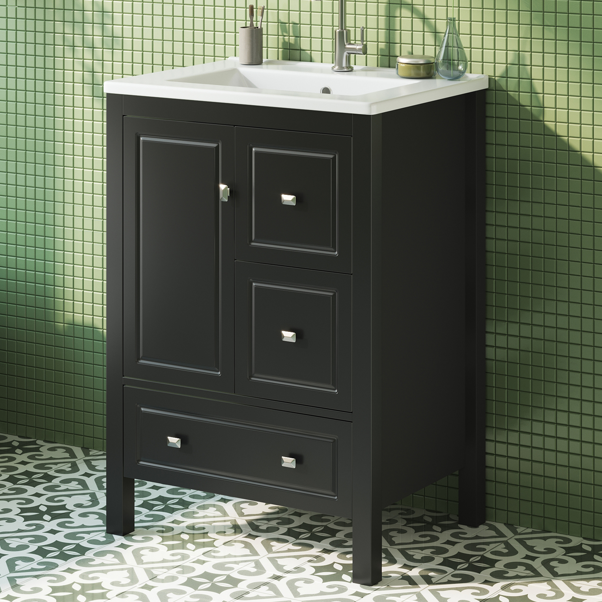 Meuble vasque de salle de bains, rangement intégré, avec tiroirs, 62 x 47 x 90 cm, céramique et MDF, noir - vue 5