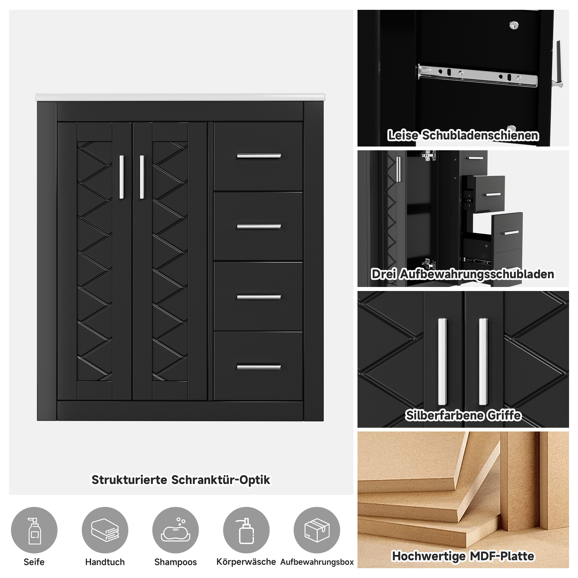 Meuble vasque de salle de bains, avec tiroirs, fermeture douce, 76 x 46,5 x 85,5 cm, céramique et MDF, noir - vue 2