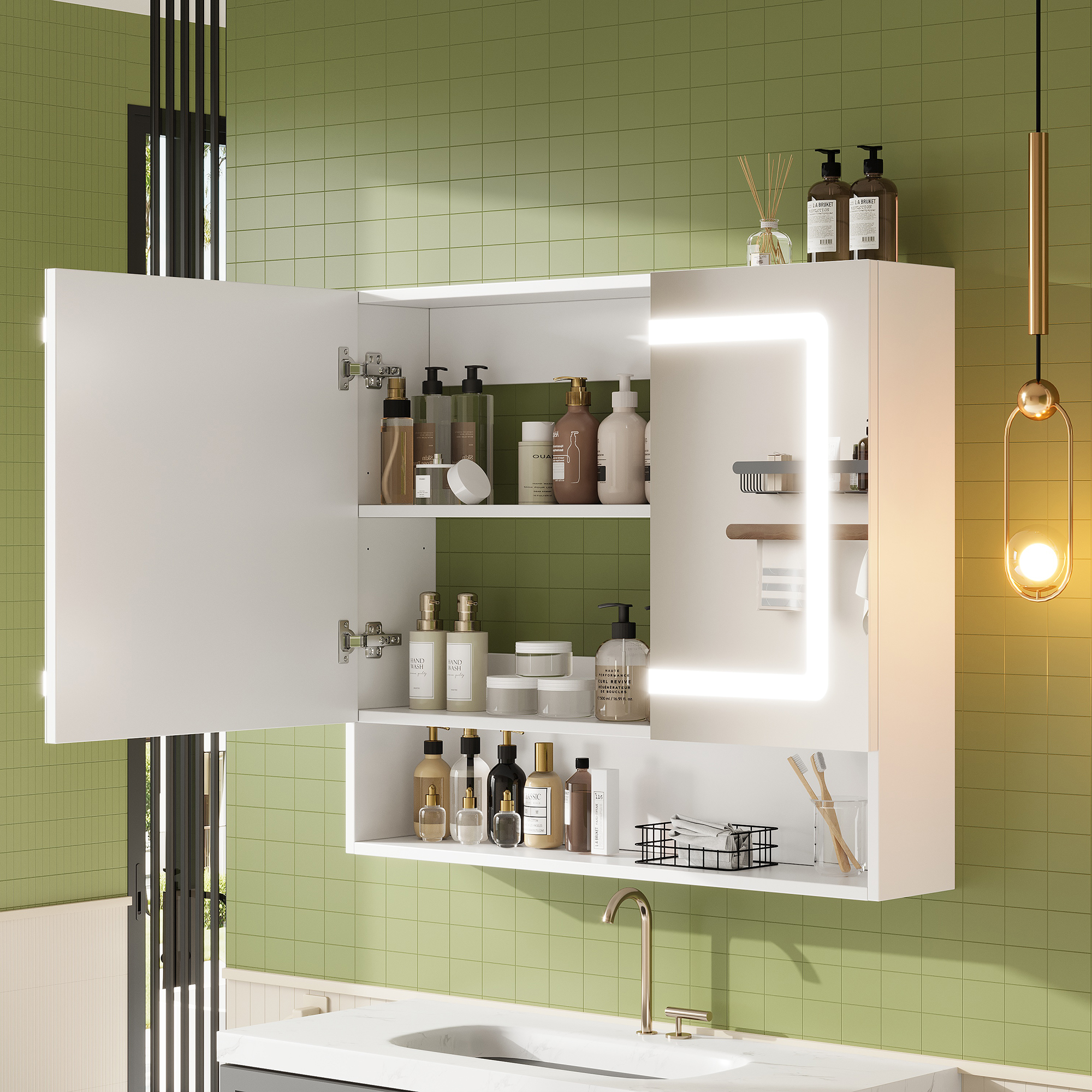 Armoire de toilette avec miroir, étagères réglables, éclairage led, fermeture douce, 80 x 17 x 70 cm, verre et MDF, blanc - vue 5