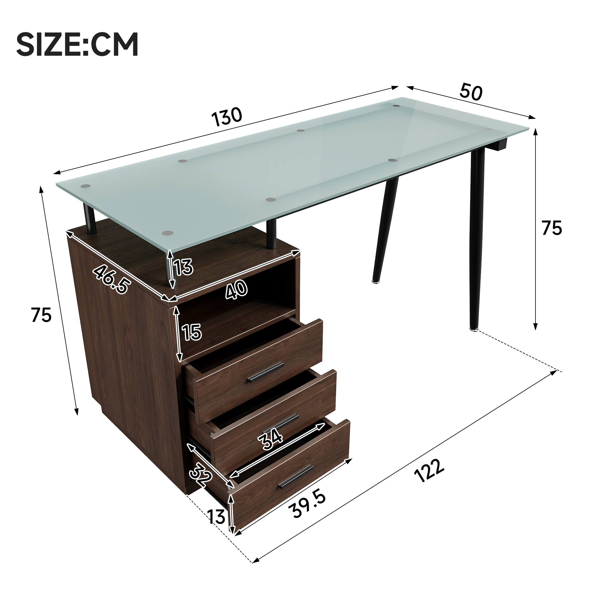 Bureau, avec tiroirs, éléments en verre, 130 x 50 x 75 cm, métal et acier, noir - vue 2
