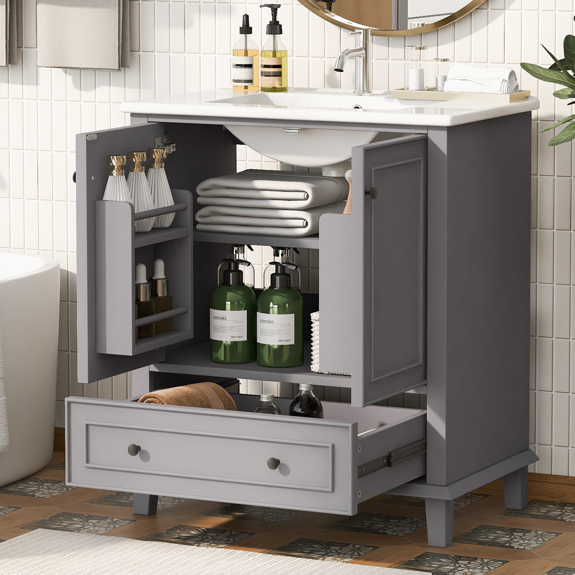 76x46x87cm Bodenstehender Badezimmerschrank mit Wa