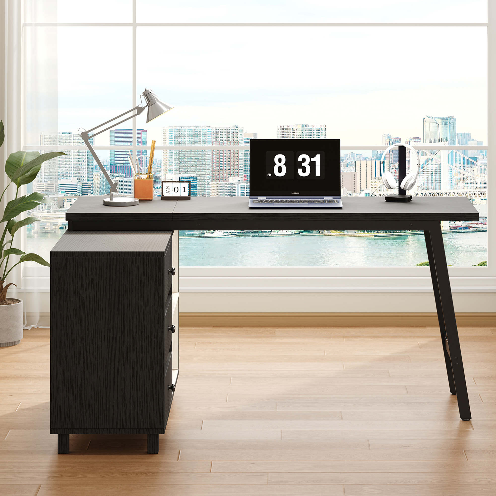 Bureau d’angle en L 150 x 100 cm, bureau informatique avec 3 tiroirs, 2 niches et plateau 150 x 50 cm, Noir et Blanc