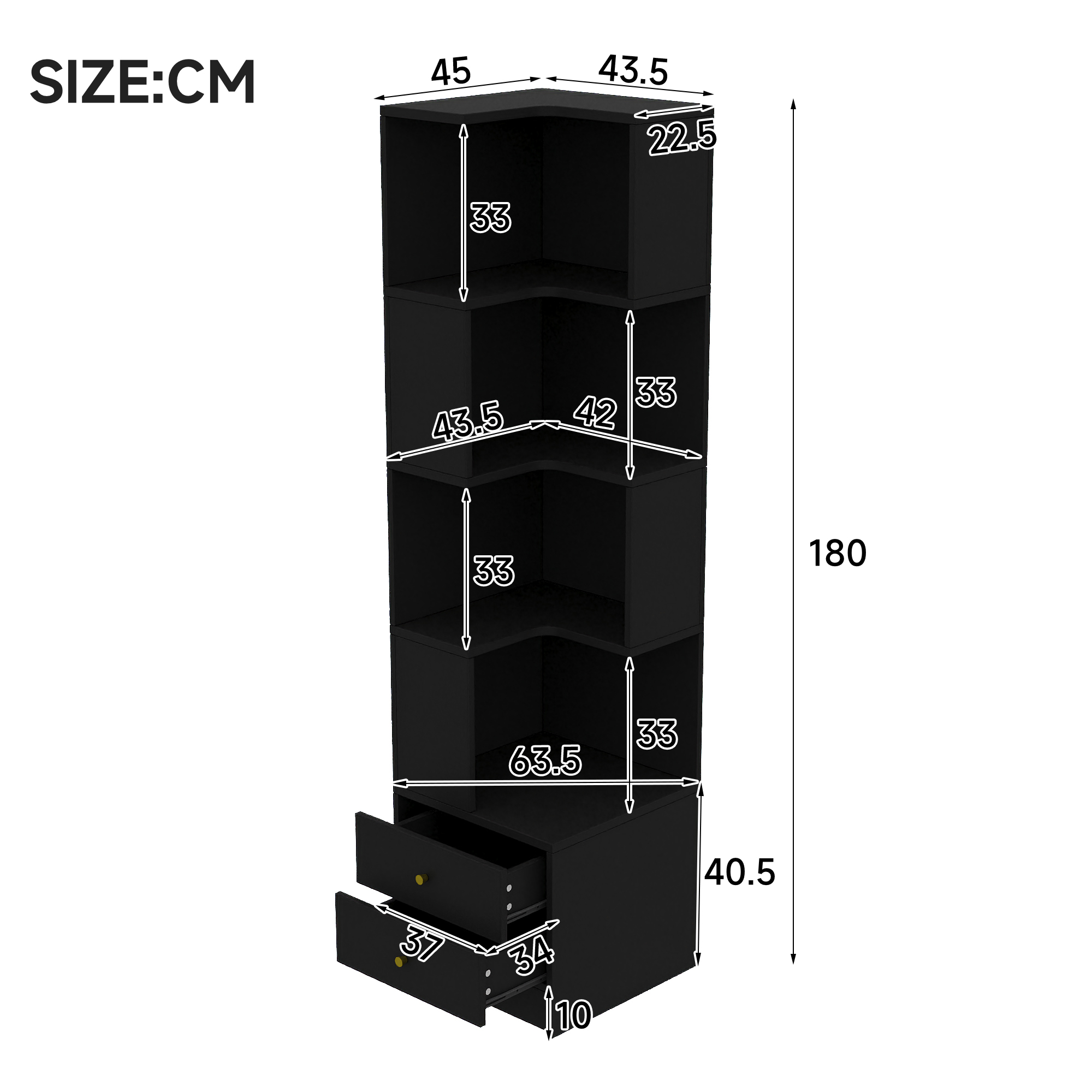 Étagère d’angle 45 x 43,5 x 180 cm, LED, MDF, Noir - détails