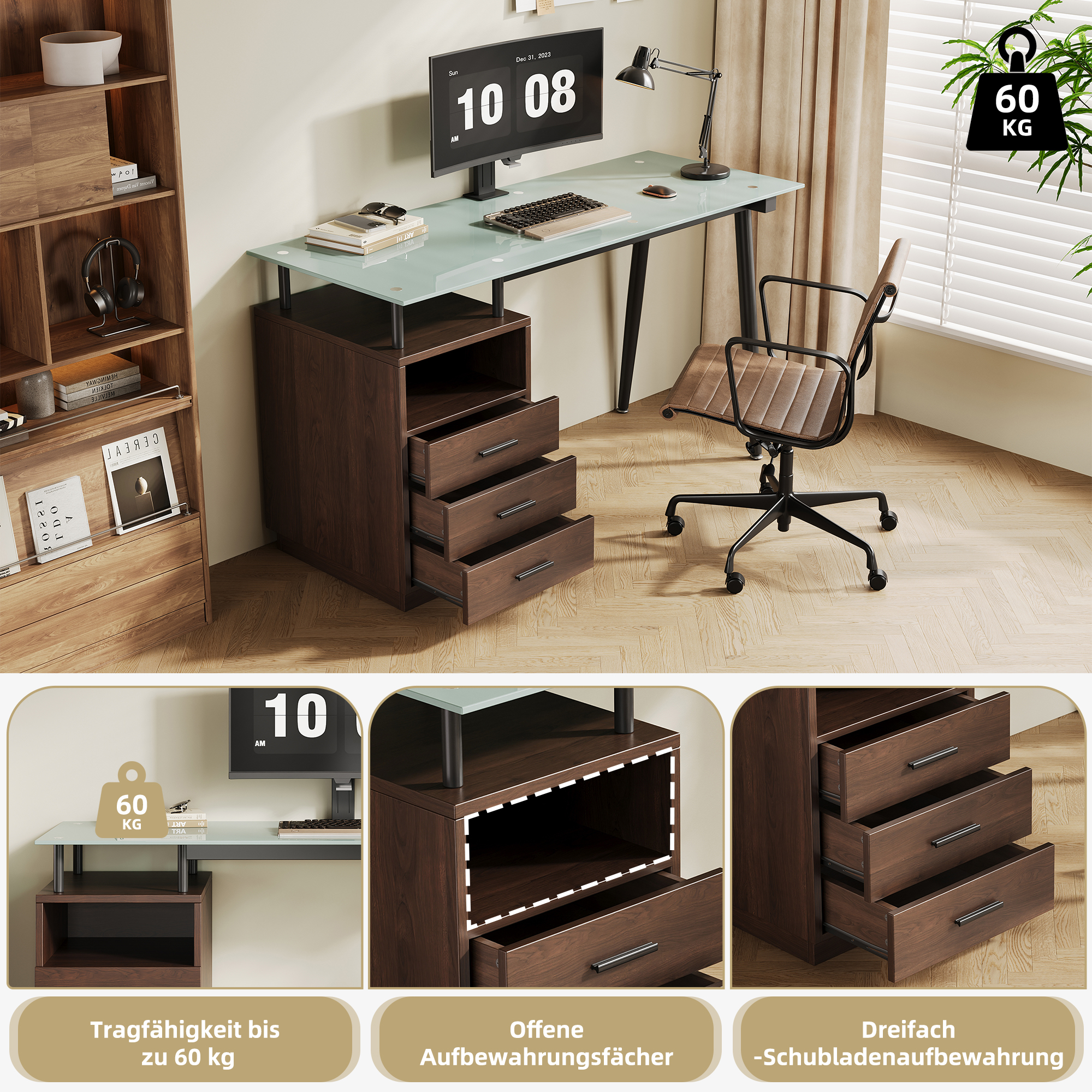 Bureau, avec tiroirs, éléments en verre, 130 x 50 x 75 cm, métal et acier, noir - vue 4