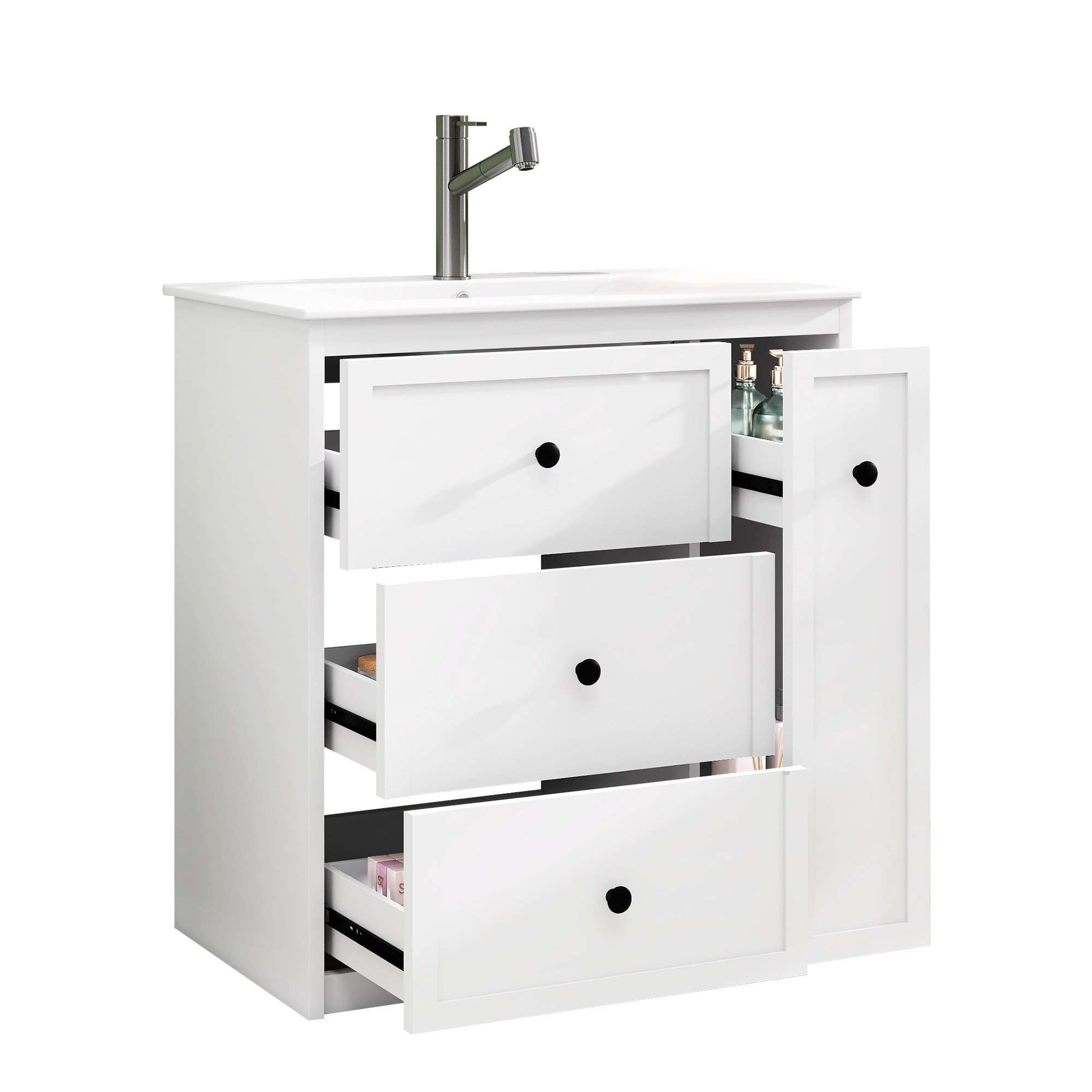 Meuble de salle de bains, rangement intégré, avec tiroirs, 76 x 46 x 82 cm, céramique et MDF, blanc - vue 1