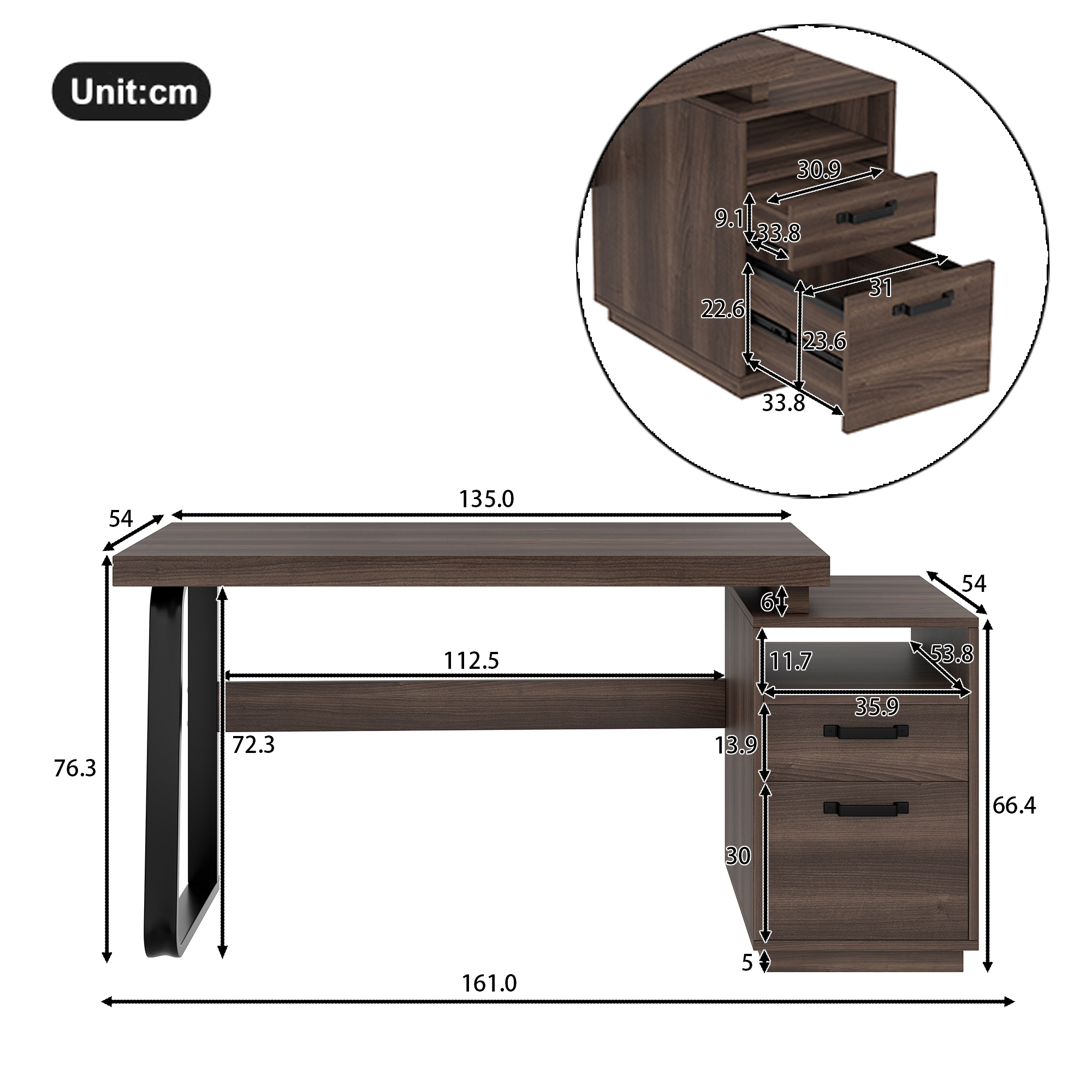 Bureau, avec tiroirs, 135 x 54 x 76,4 cm, métal et acier, marron - vue 1