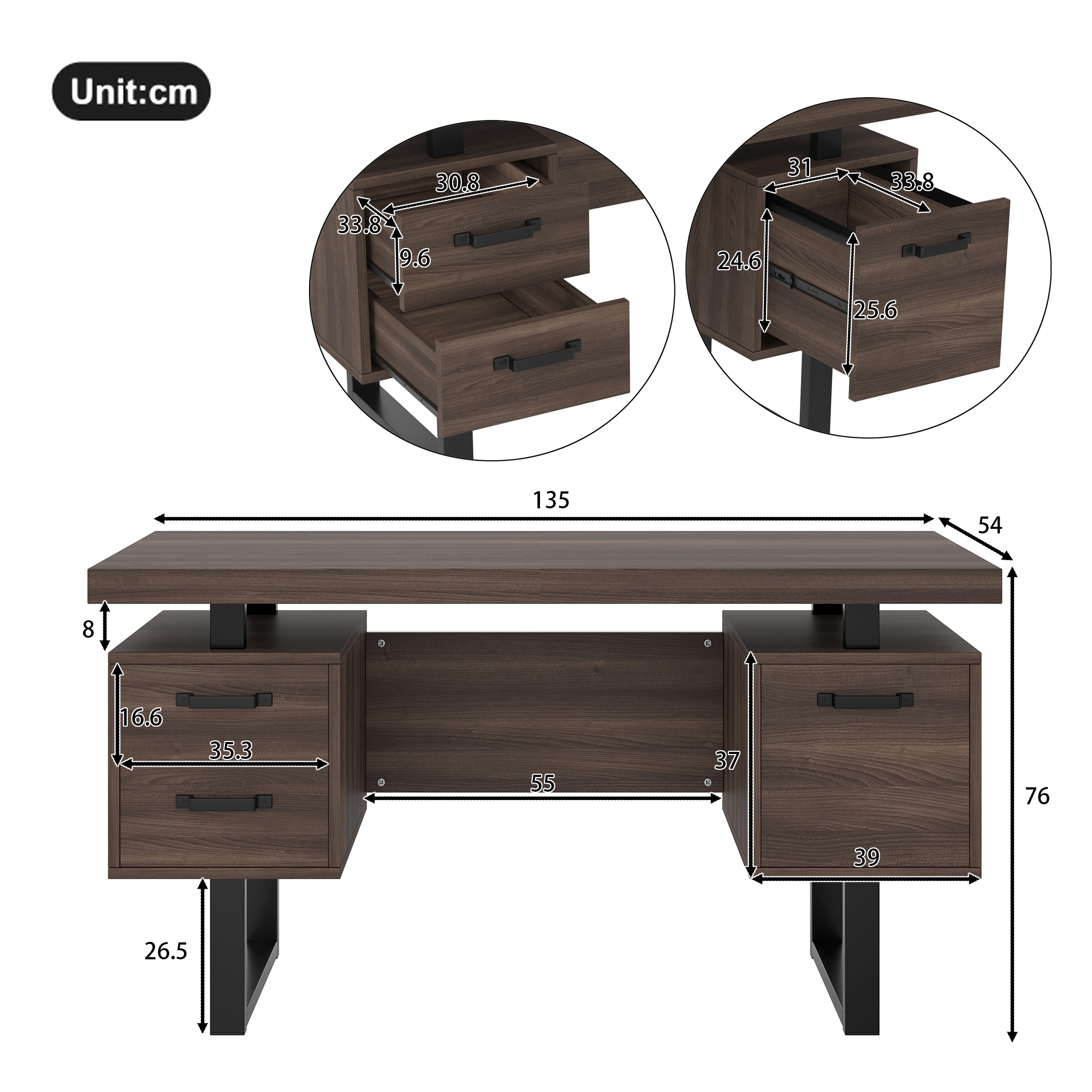 Bureau, avec tiroirs, 135 x 54 x 76 cm, métal et acier, noir - vue 1