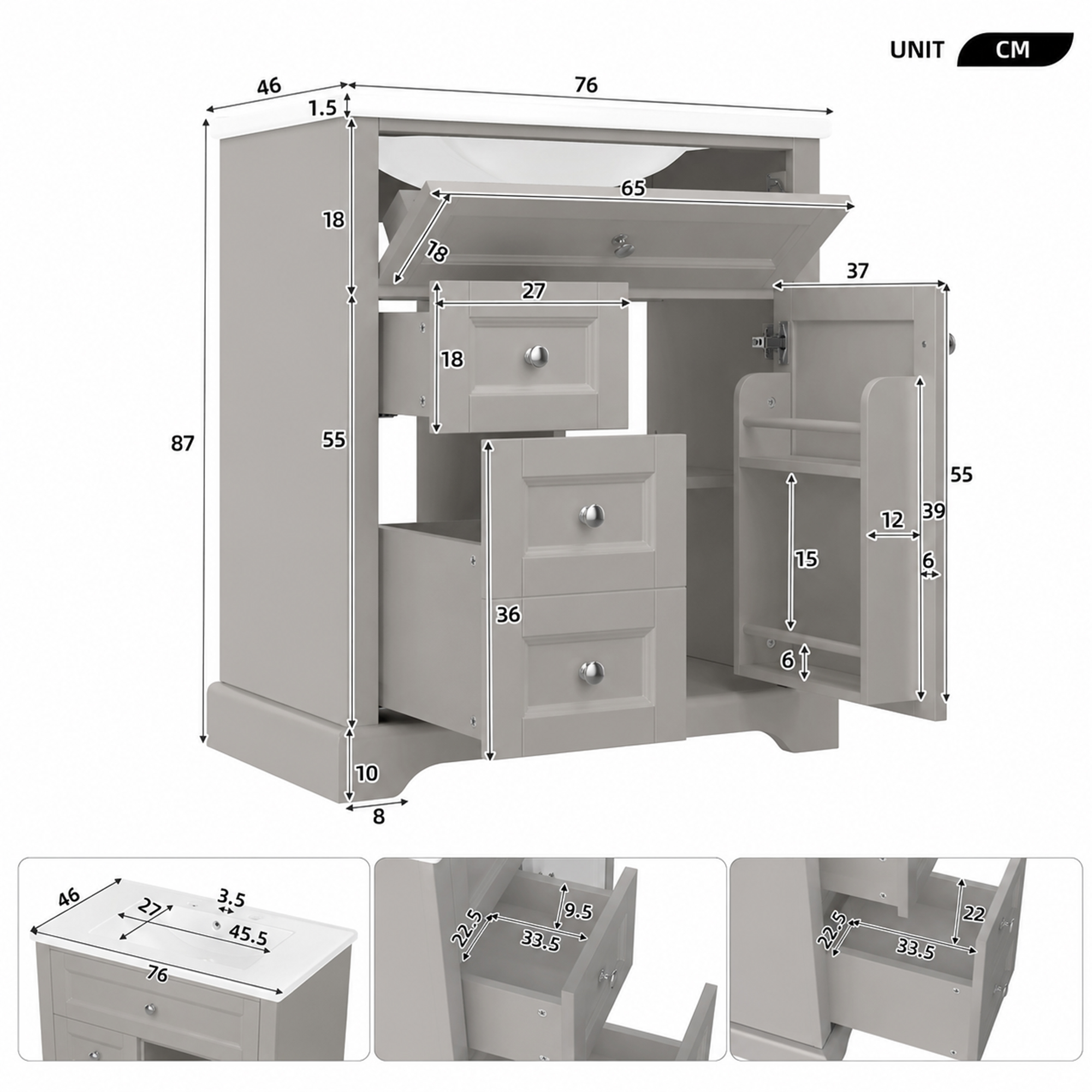 Meuble vasque de salle de bains, pliable, avec tiroirs, fermeture douce, 76 x 46 x 87 cm, céramique et MDF, gris - vue 2
