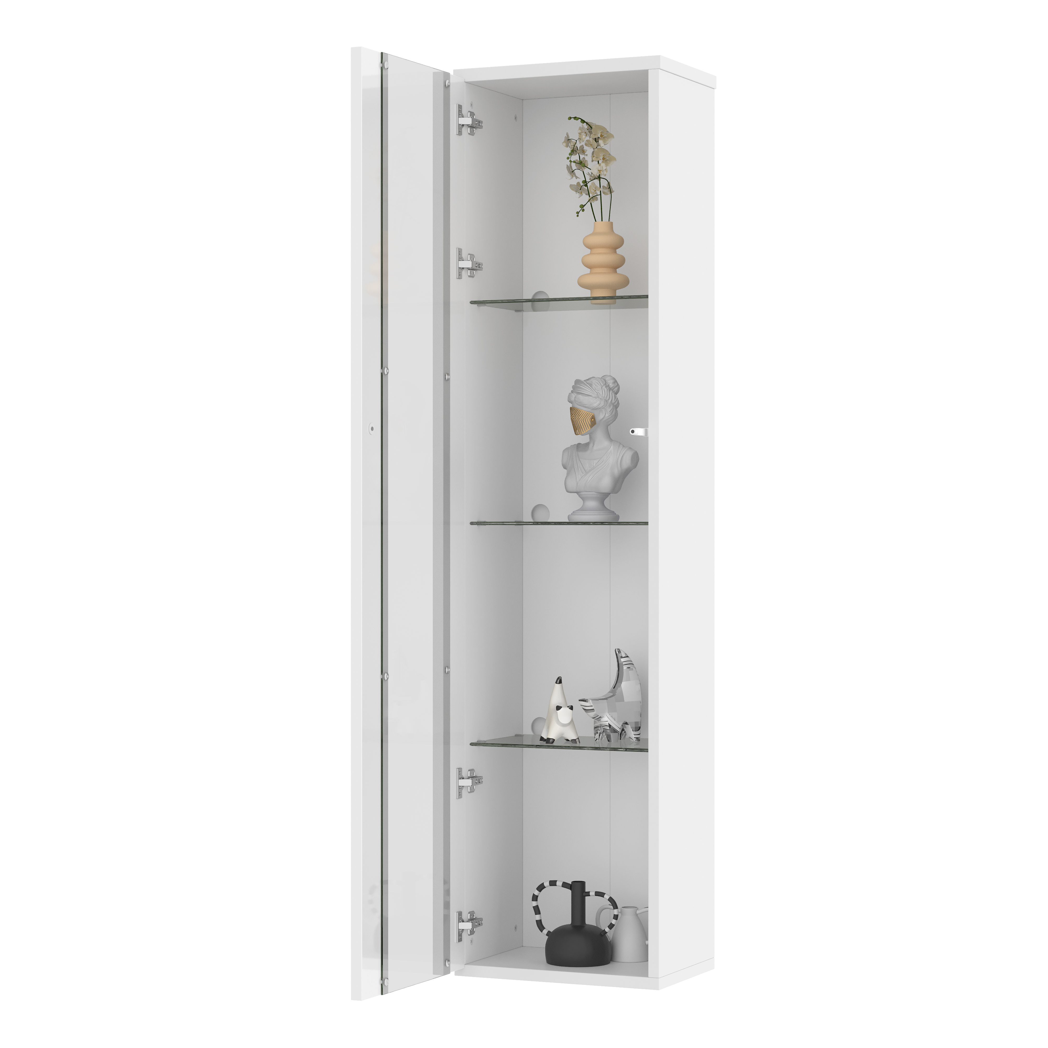 Vitrine, éclairage led, éléments en verre, 40 x 29 x 170 cm, panneaux de particules et verre, blanc - vue 1