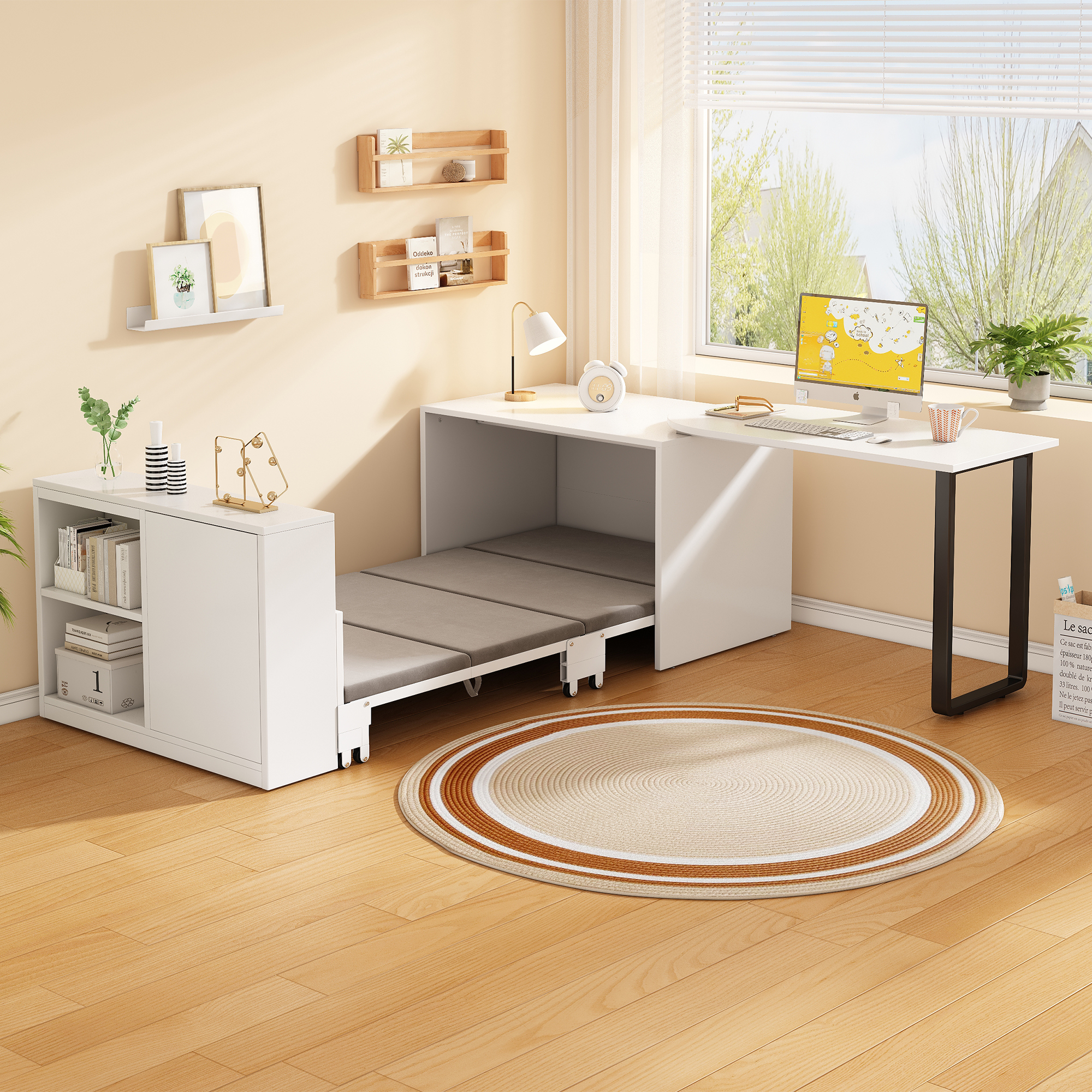 Dieser 2-in-1 Schreibtisch und das Klappbett verfü