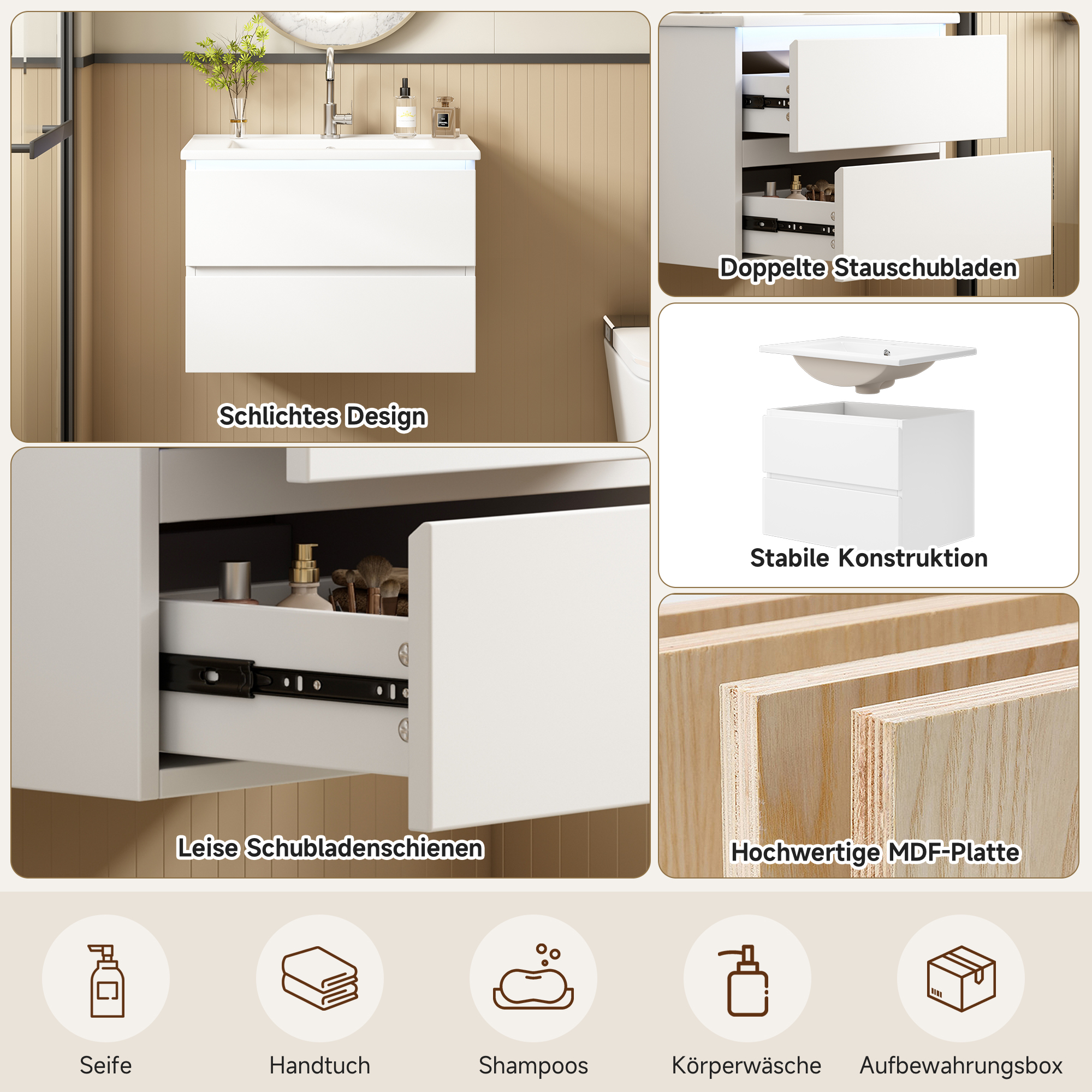 Meuble vasque de salle de bains, avec tiroirs, éclairage led, 61 x 46 x 45 cm, céramique et MDF, blanc - vue 5