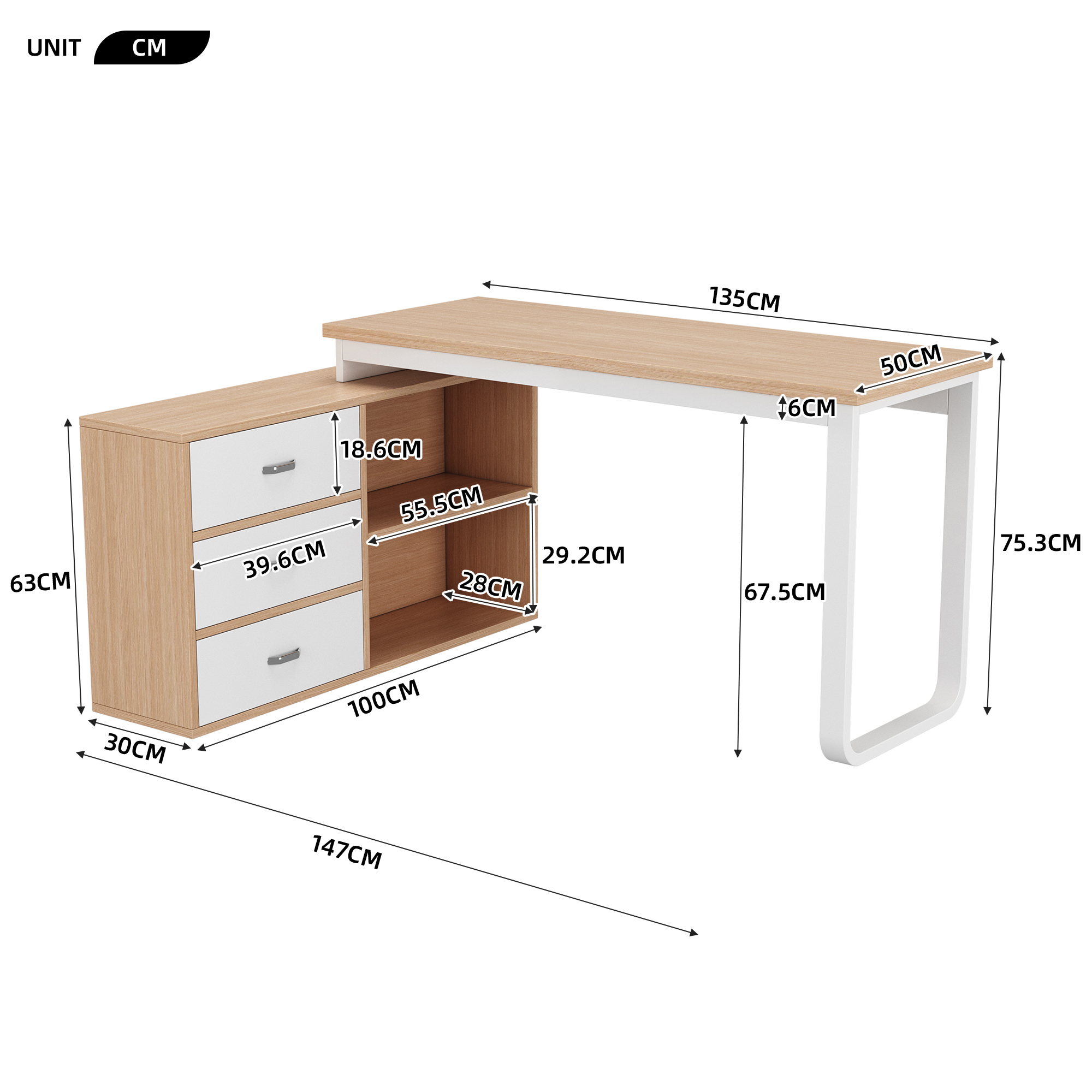 Bureau avec rangement 147 x 100 cm, bureau informatique avec 3 tiroirs, 2 niches et plateau 135 x 50 cm, effet bois naturel