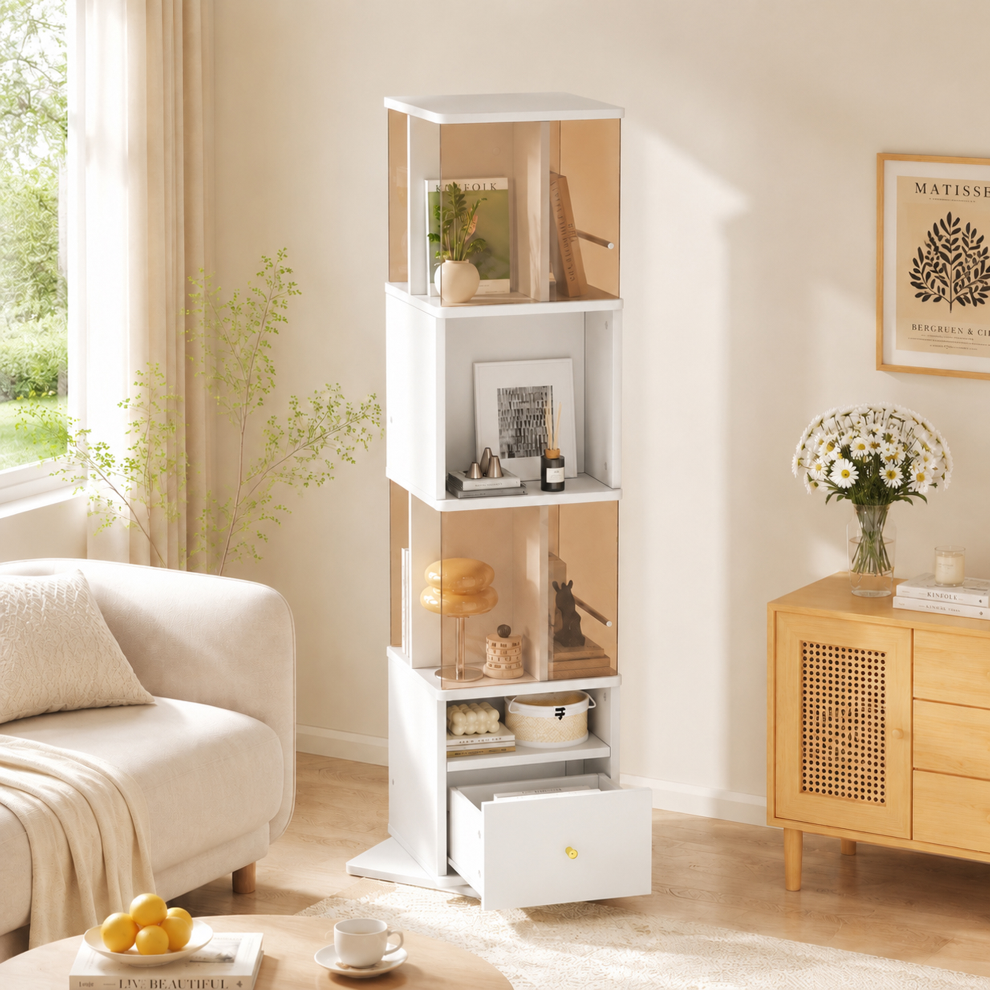 Vitrine 50 x 50 x 160 cm, LED, pivotante, portes vitrées, MDF et verre, Marron et Blanc - vue principale