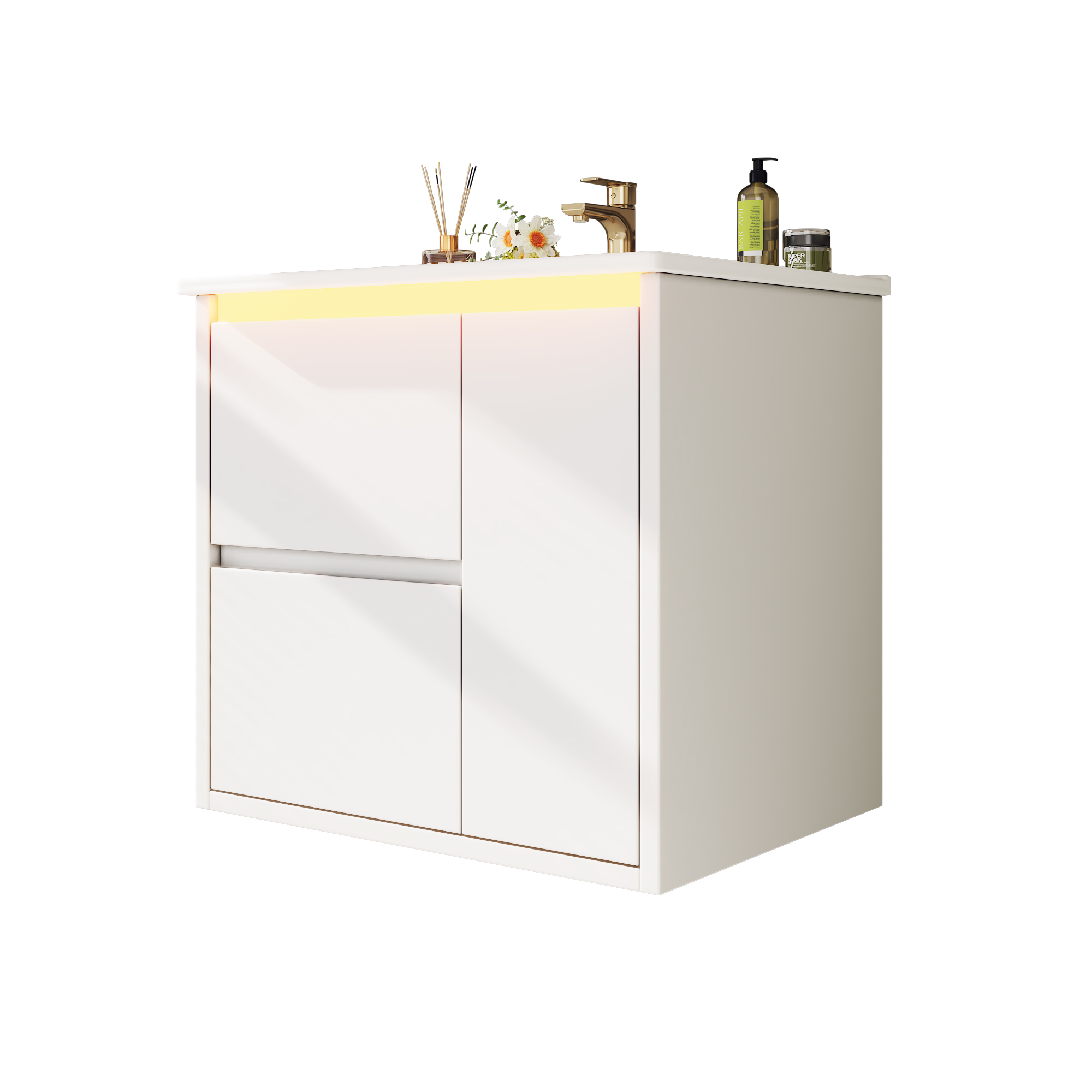 Meuble vasque de salle de bains, éclairage led, fermeture douce, 61 x 46,5 x 57 cm, céramique et MDF, blanc - vue 1