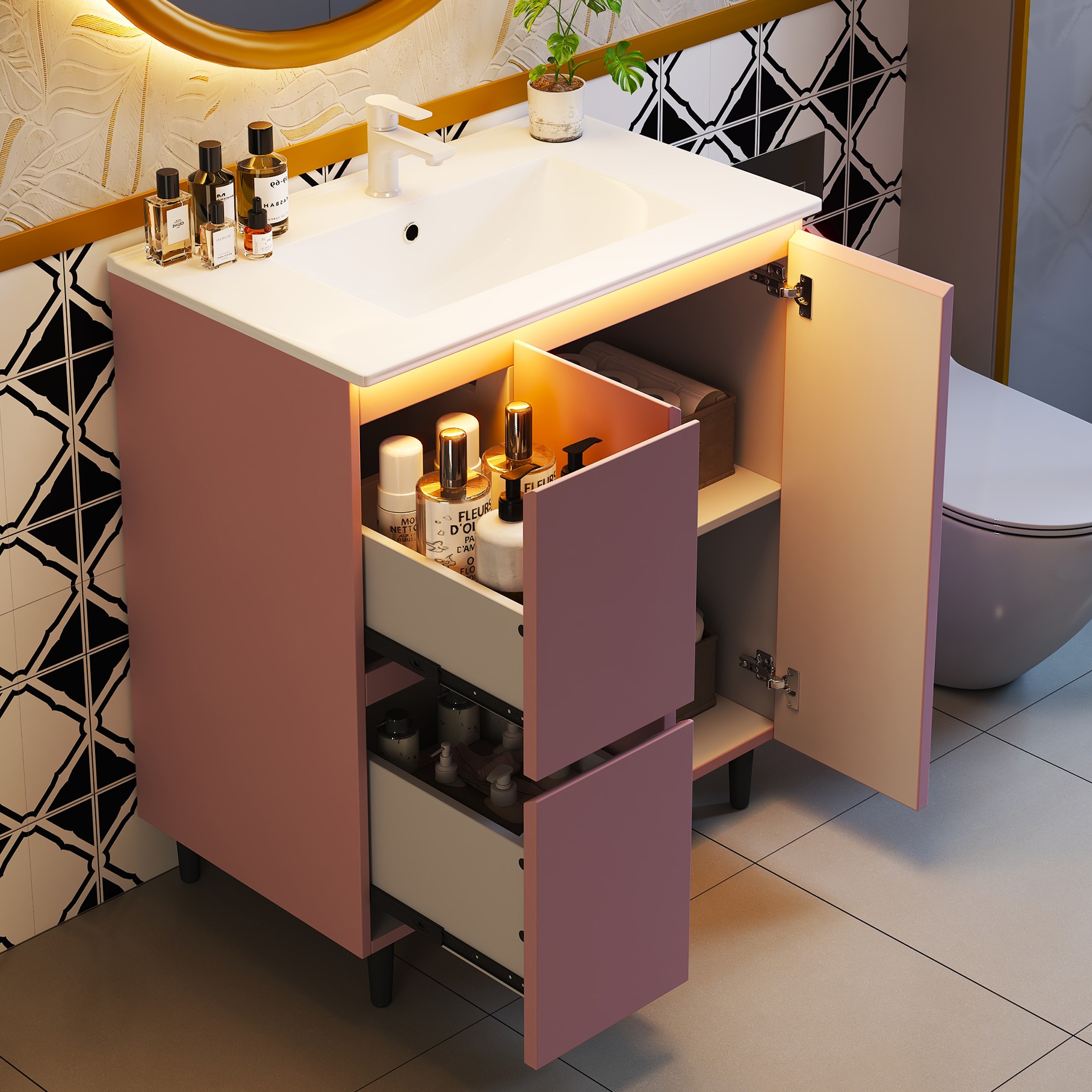 Meuble vasque de salle de bains, éclairage led, fermeture douce, 76 x 47 x 89 cm, céramique et MDF, rose - vue 5