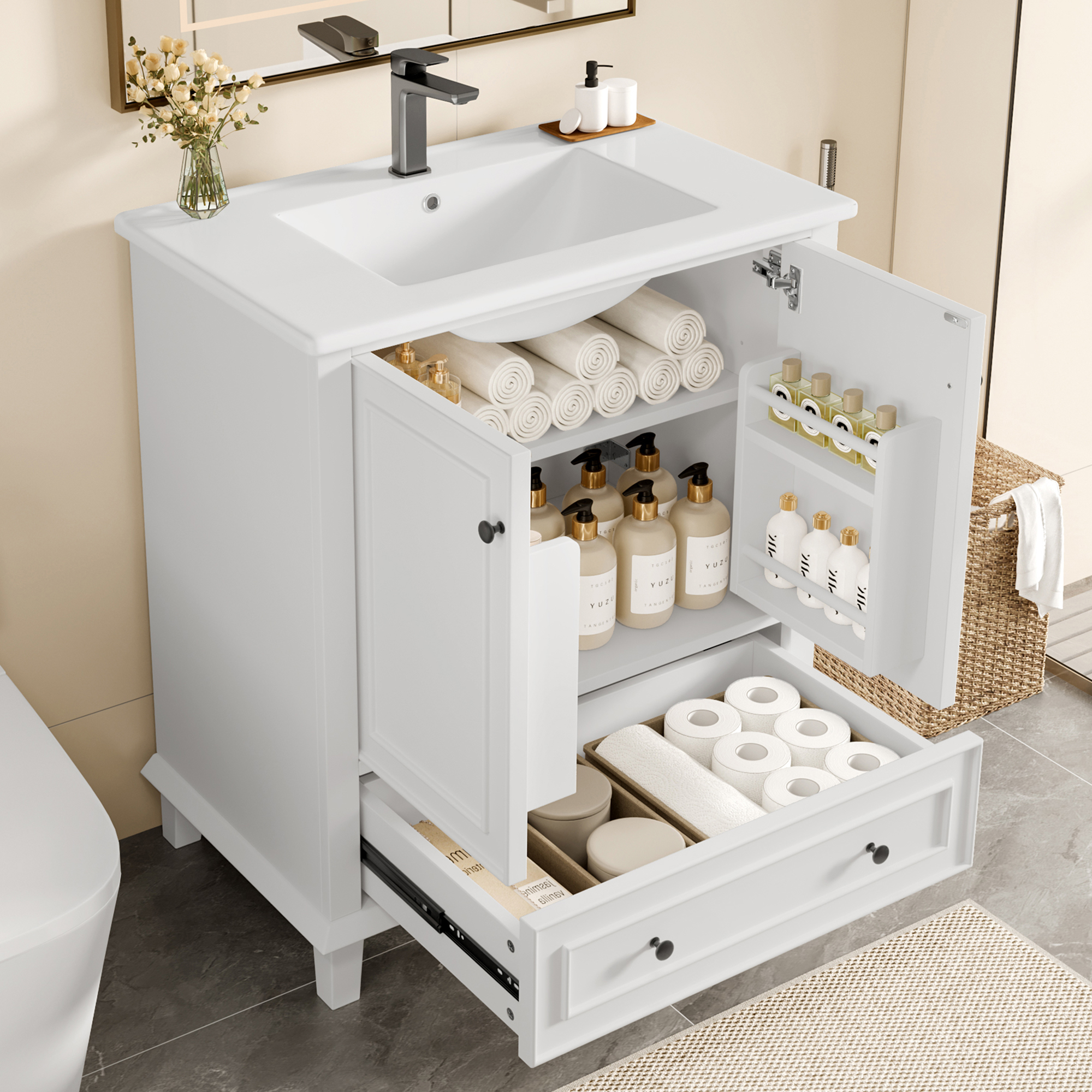 76x46x87cm Bodenstehender Badezimmerschrank mit Wa