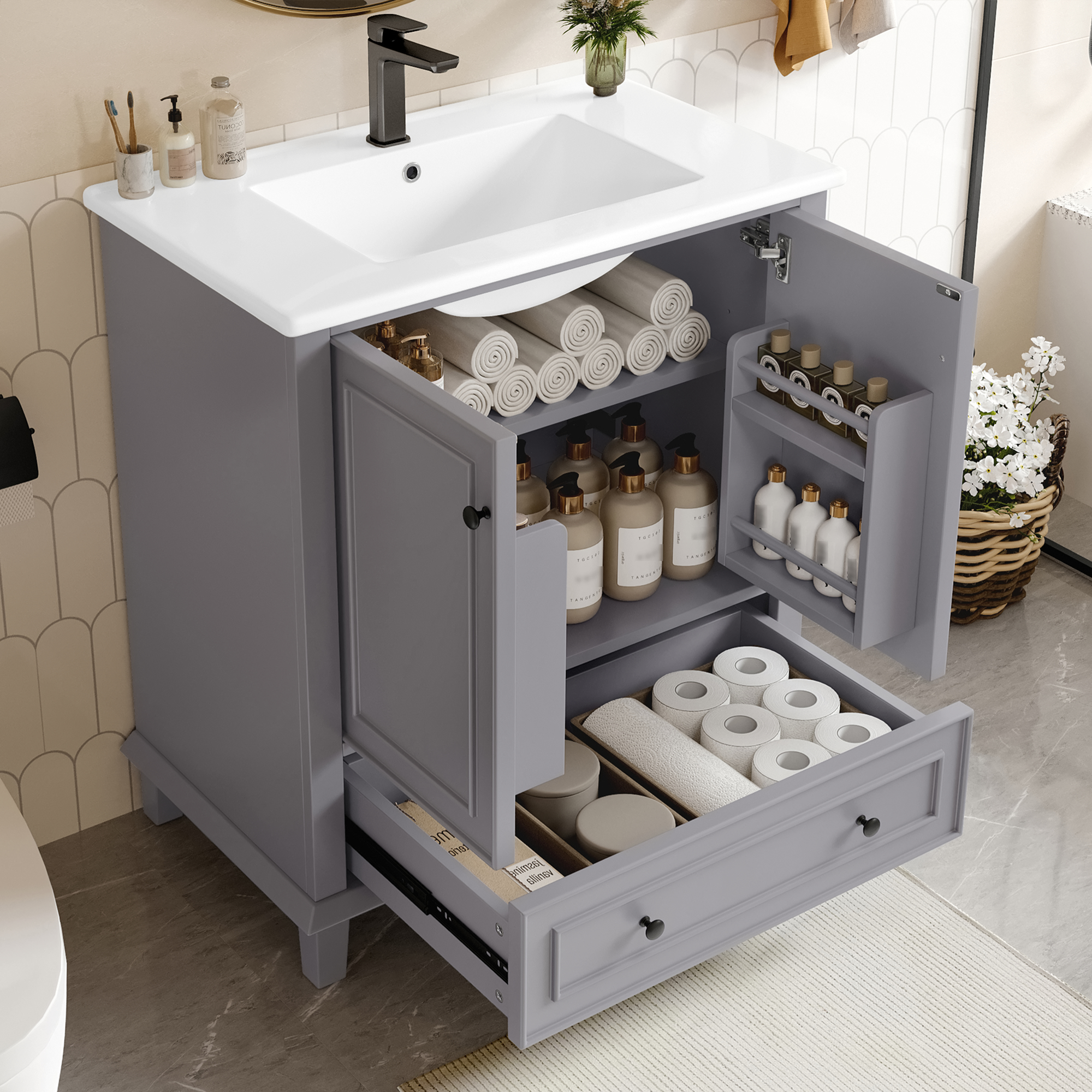 76x46x87cm Bodenstehender Badezimmerschrank mit Wa