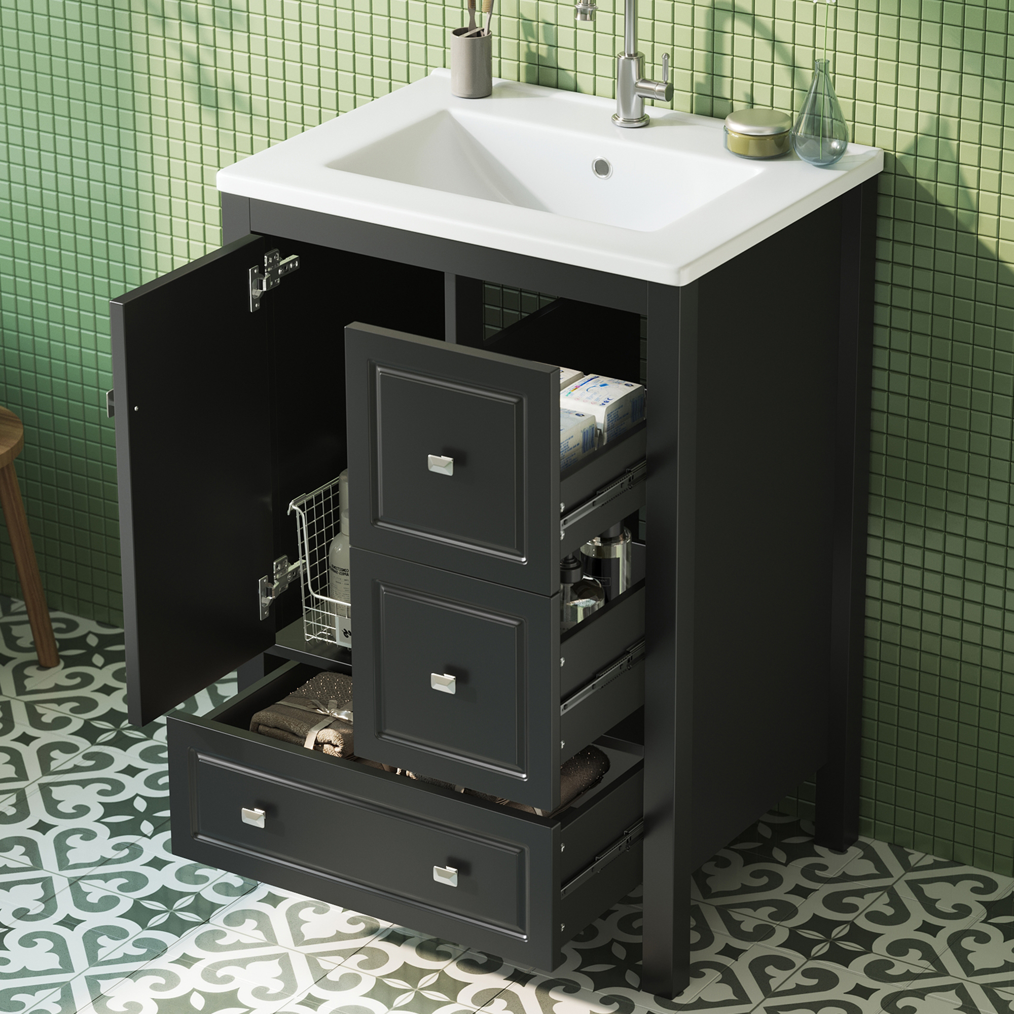Meuble vasque de salle de bains, rangement intégré, avec tiroirs, 62 x 47 x 90 cm, céramique et MDF, noir - vue 4