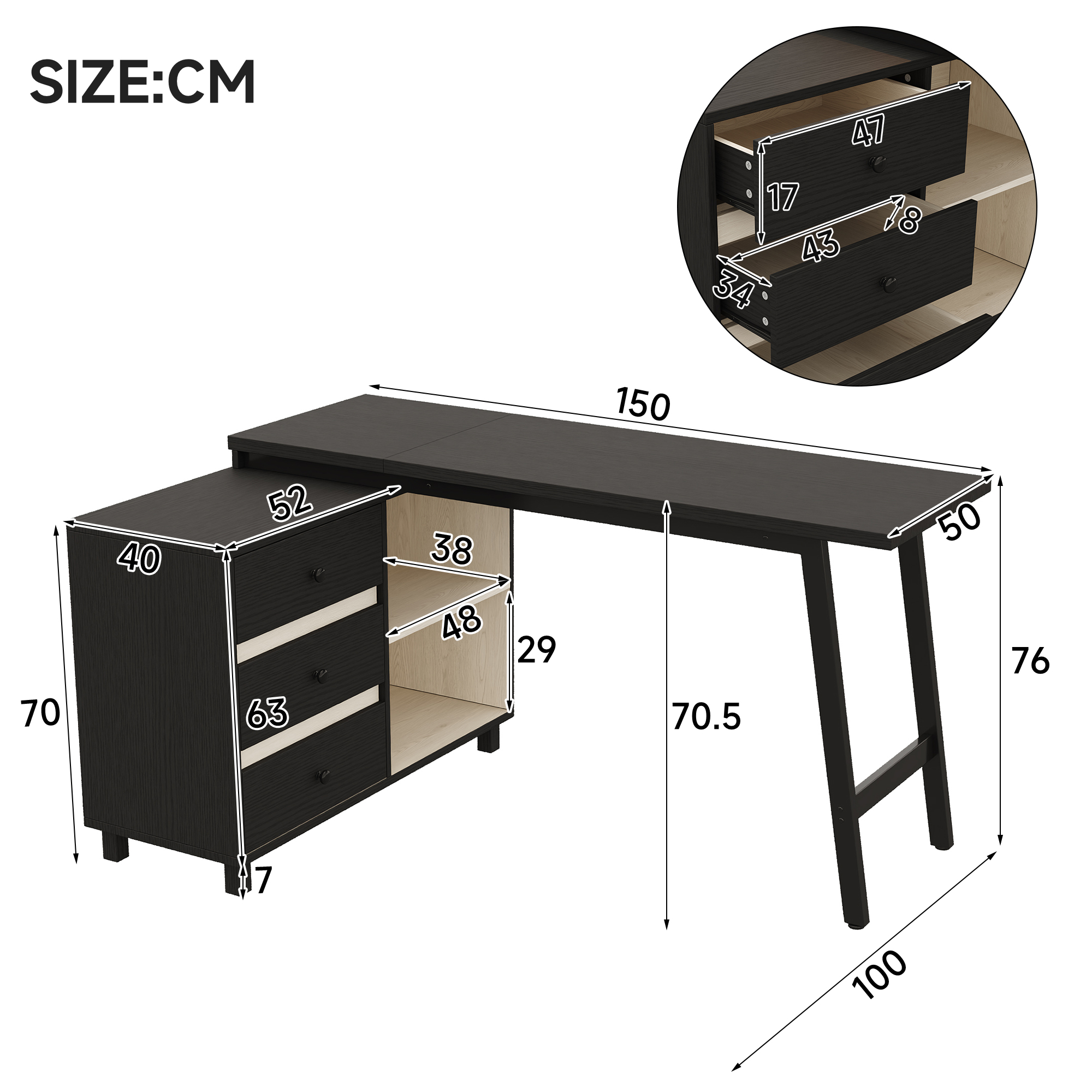 Bureau d’angle en L 150 x 100 cm, bureau informatique avec 3 tiroirs, 2 niches et plateau 150 x 50 cm, Noir et Blanc