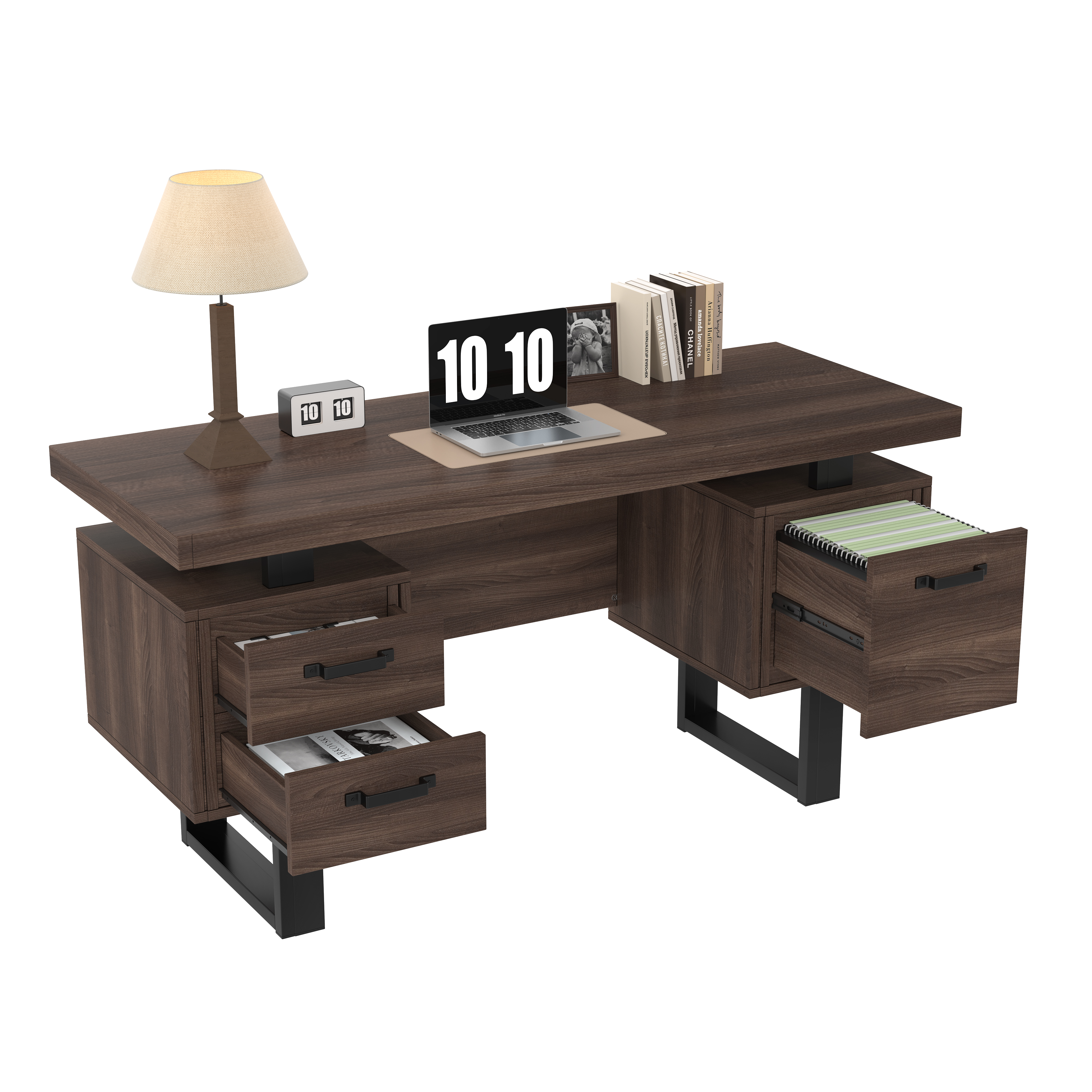 Bureau, avec tiroirs, 135 x 54 x 76 cm, métal et acier, noir - vue 2