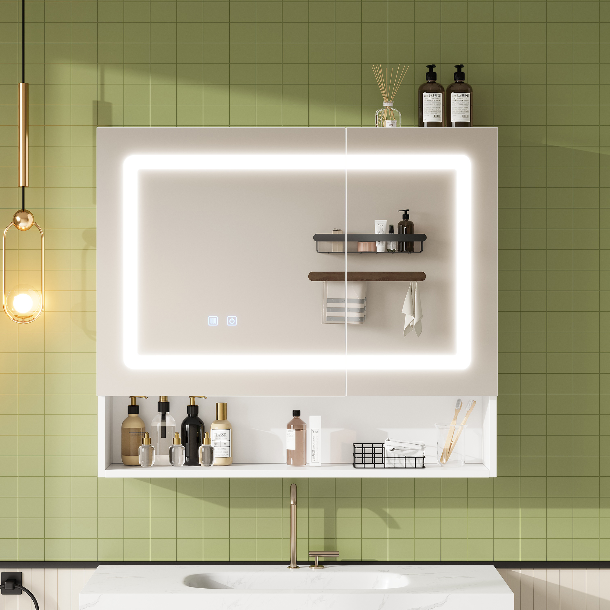 Armoire de toilette avec miroir, étagères réglables, éclairage led, fermeture douce, 80 x 17 x 70 cm, verre et MDF, blanc - vue 3