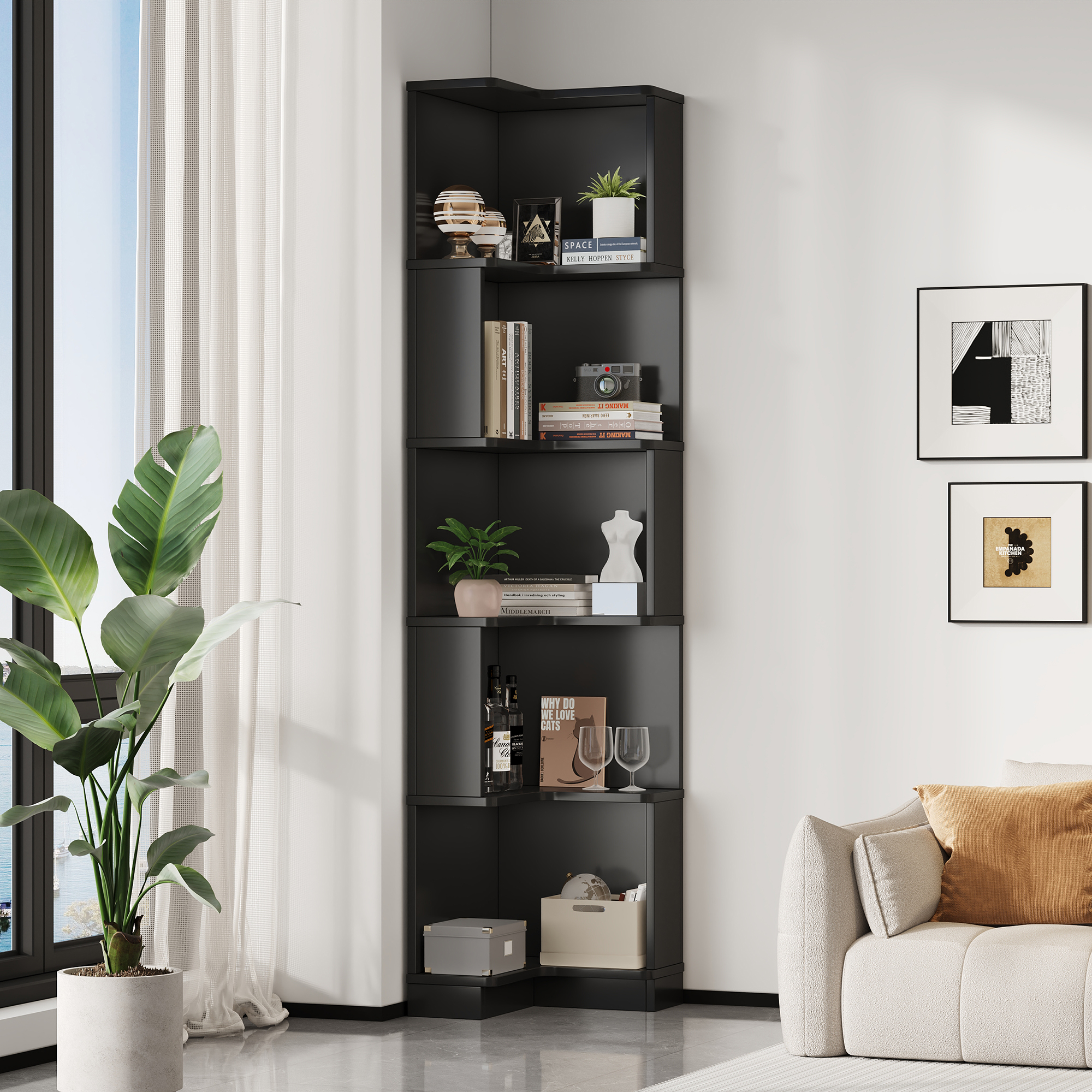 Bibliothèque, rangement intégré, éclairage led, 63,5 x 45 x 175 cm, MDF, noir - vue 4