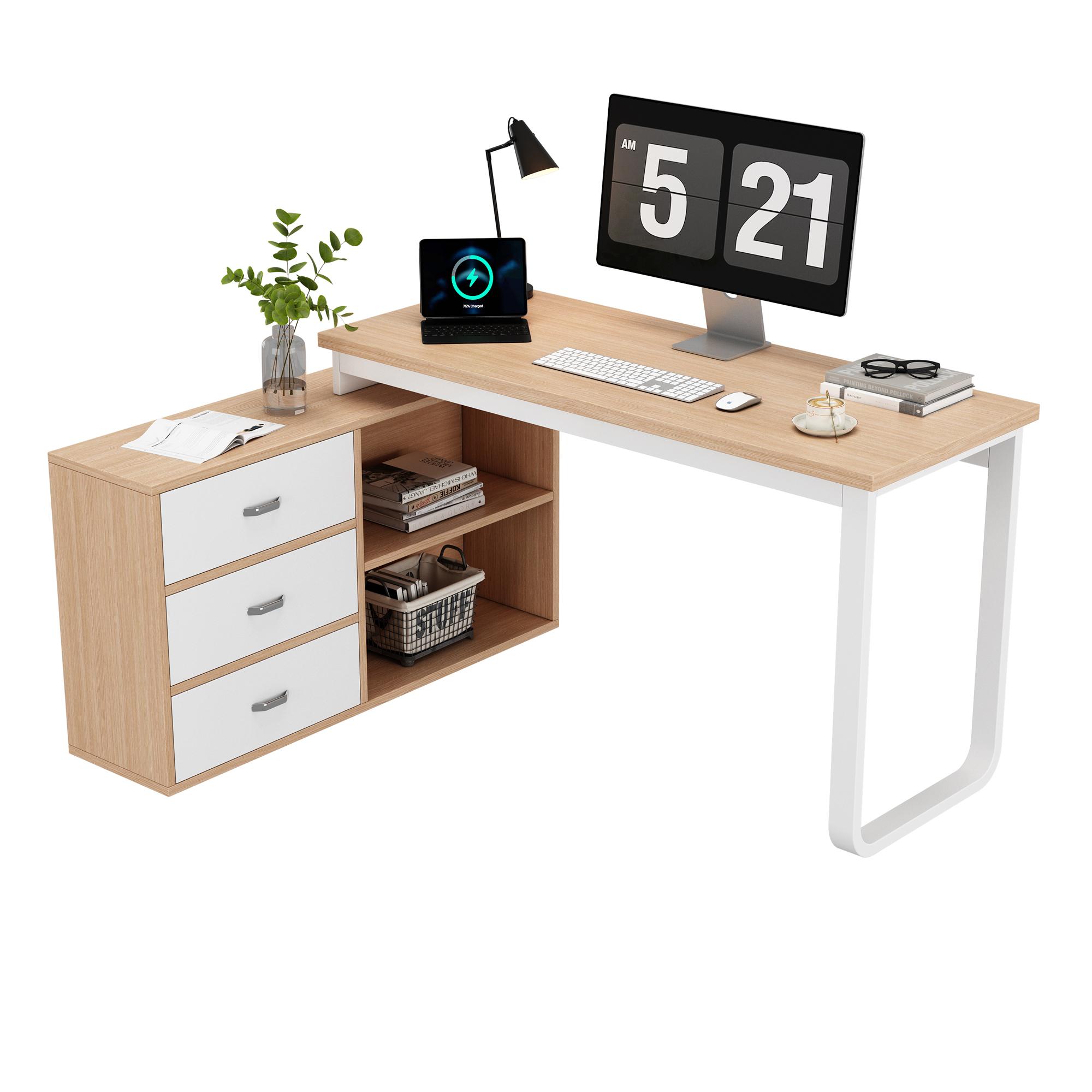 Bureau avec rangement 147 x 100 cm, bureau informatique avec 3 tiroirs, 2 niches et plateau 135 x 50 cm, effet bois naturel