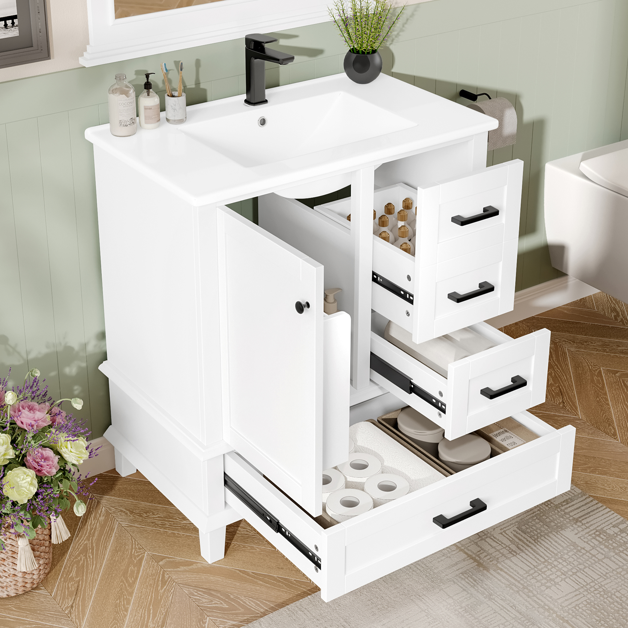 Meuble vasque de salle de bains, avec tiroirs, 76 x 46 x 83,5 cm, céramique et MDF, blanc - vue 5