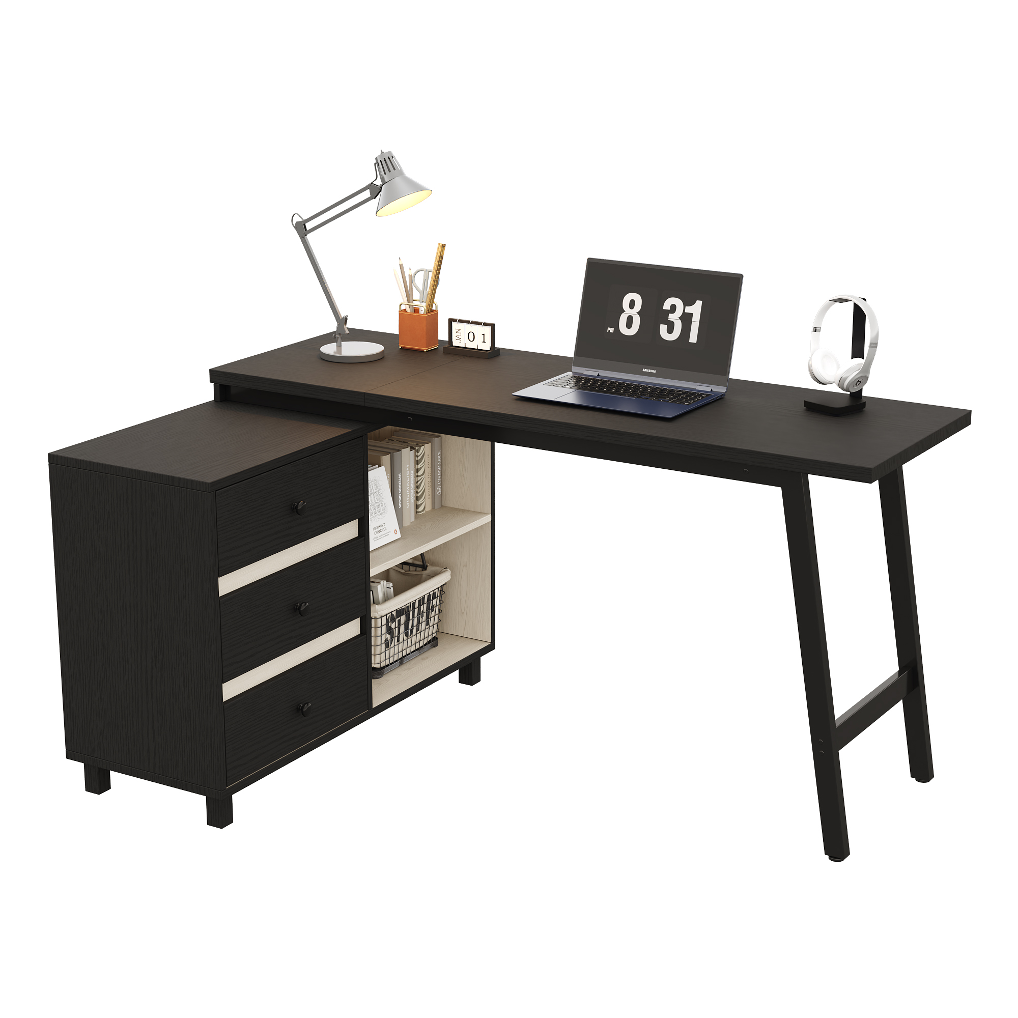 Bureau d’angle en L 150 x 100 cm, bureau informatique avec 3 tiroirs, 2 niches et plateau 150 x 50 cm, Noir et Blanc