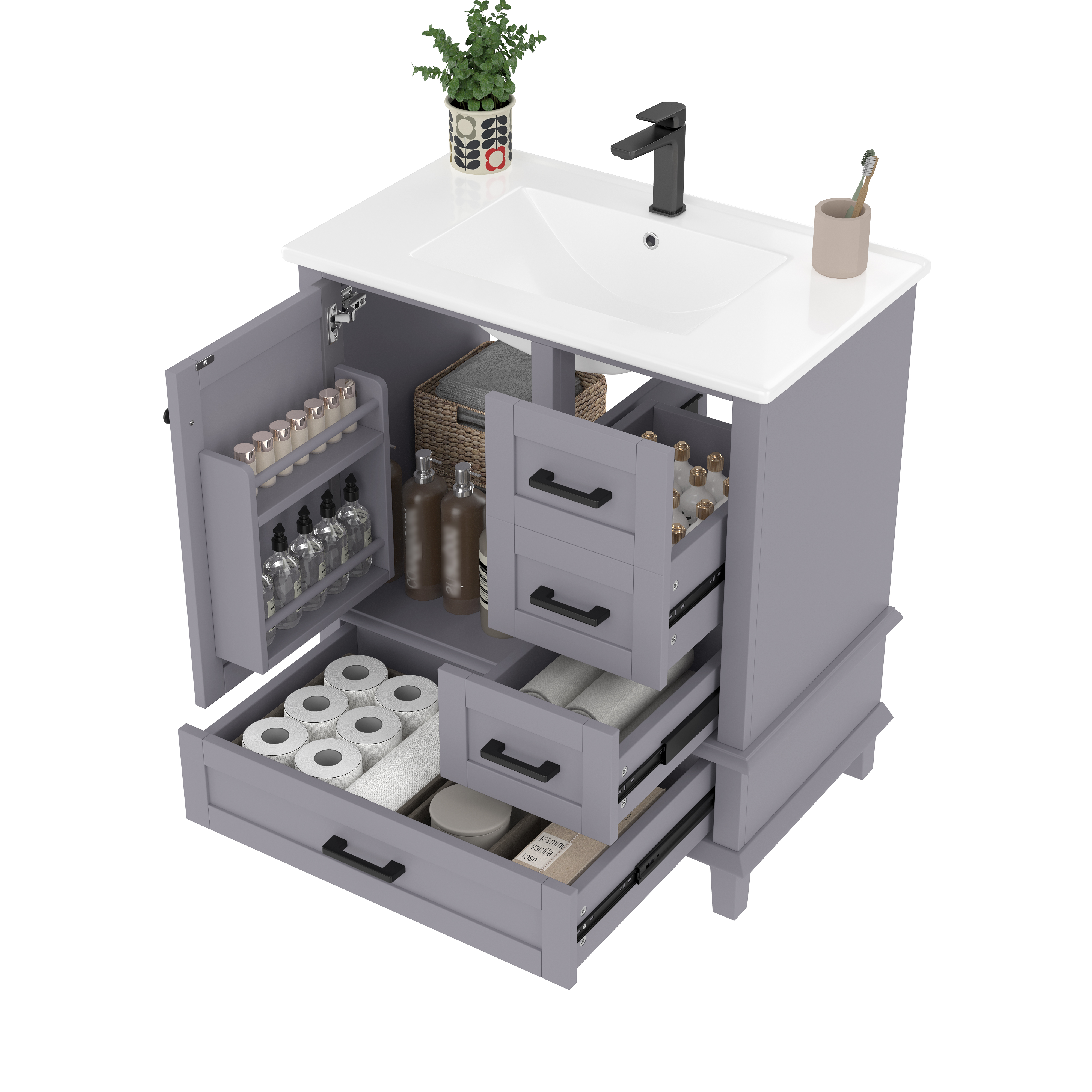 Meuble vasque de salle de bains, avec tiroirs, 76 x 46 x 83,5 cm, céramique et MDF, gris - vue 1
