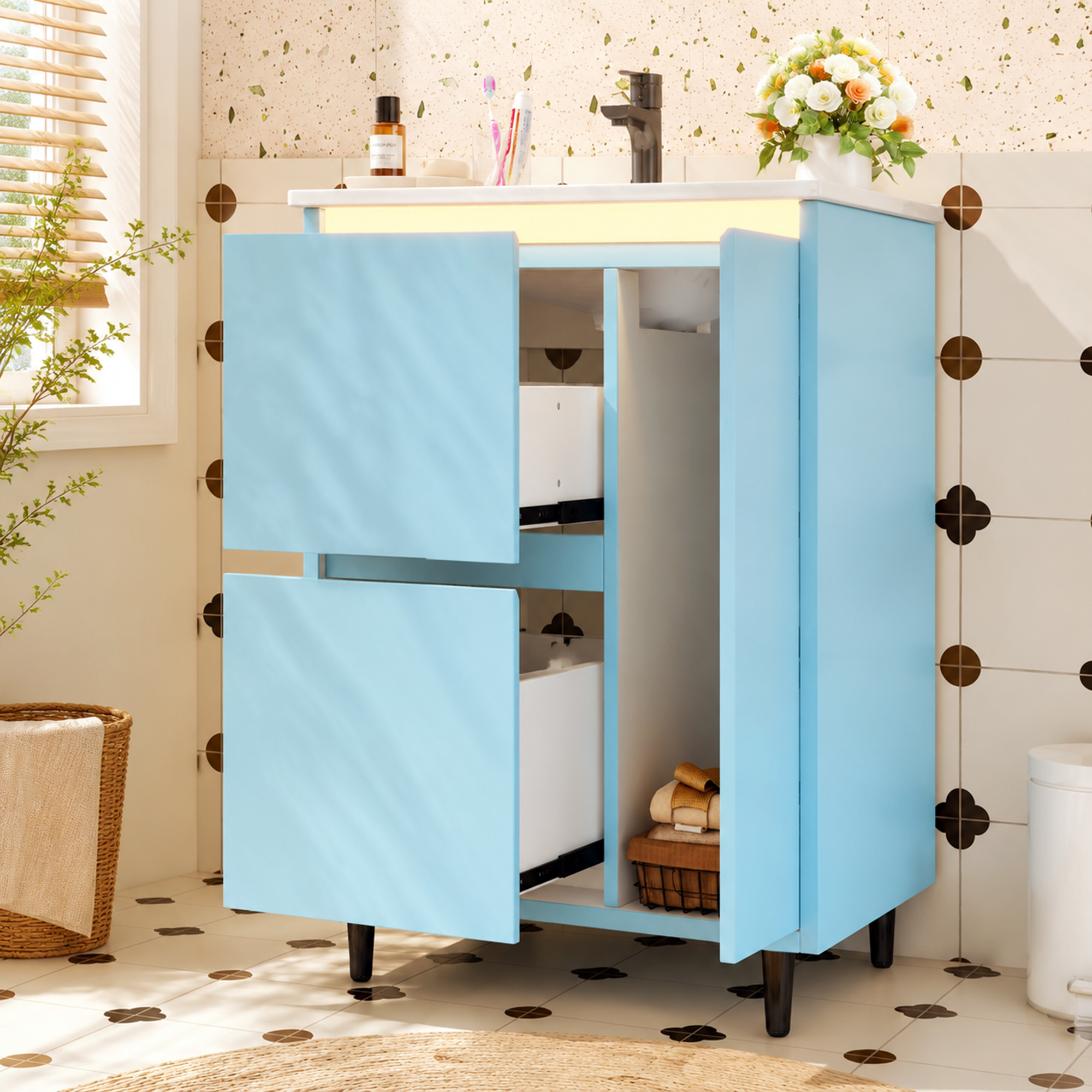 Meuble vasque de salle de bains, avec tiroirs, fermeture douce, 61 x 46,5 x 87 cm, céramique et MDF, bleu - vue 3