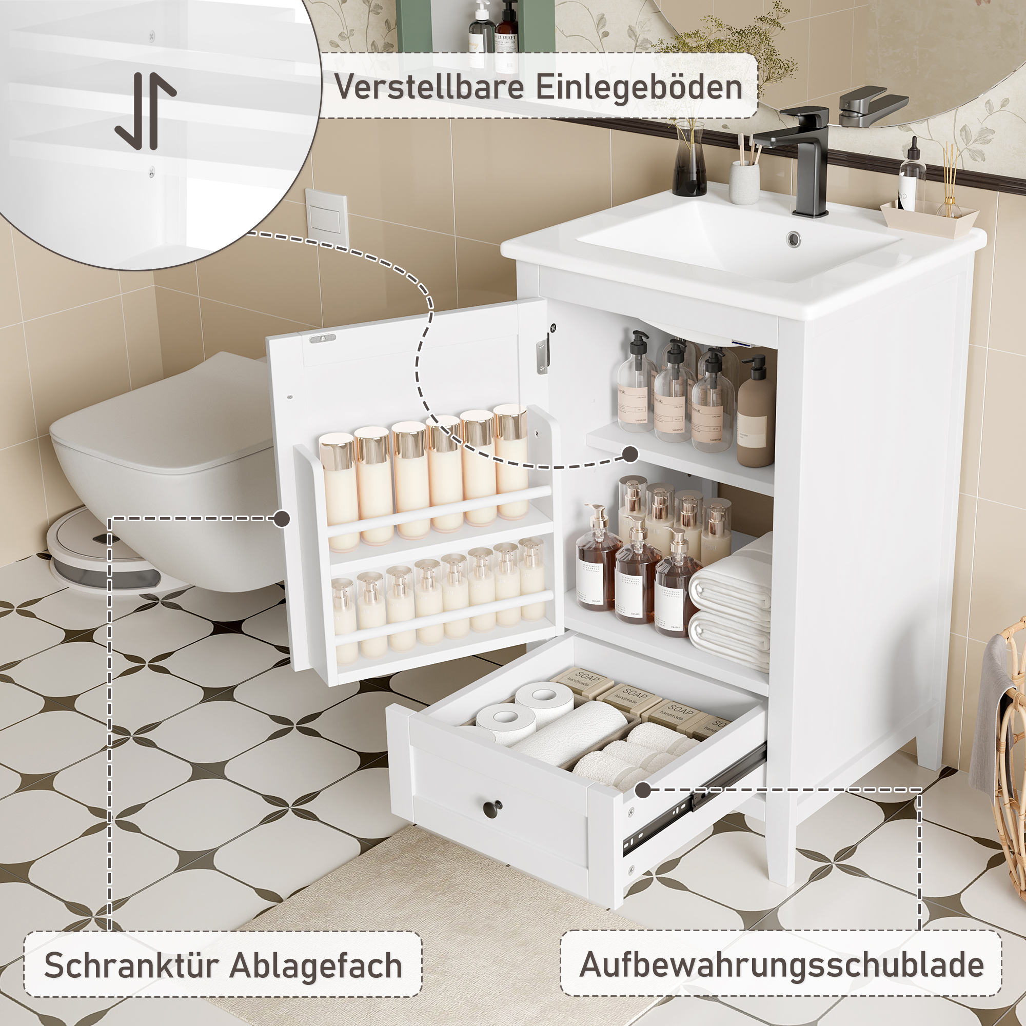 51x46x85cm Bodenstehender Badezimmerschrank mit Wa