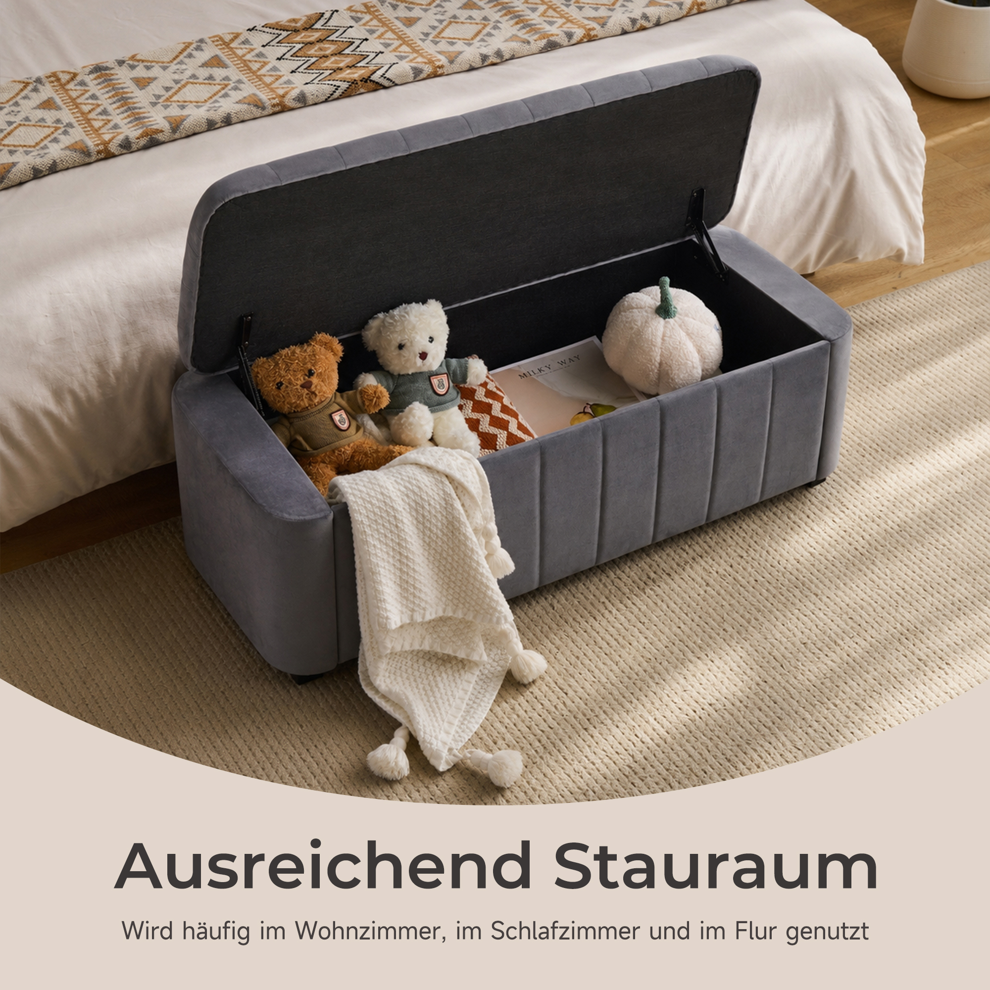 Banc coffre, assise rembourrée, rangement intégré, 132 x 47 x 44 cm, velours, gris - vue 3