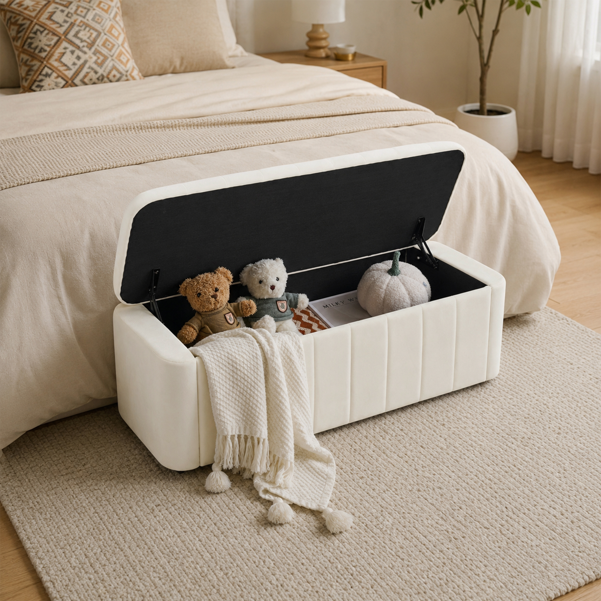 Banc coffre, assise rembourrée, rangement intégré, 132 x 47 x 44 cm, velours, beige - vue 5
