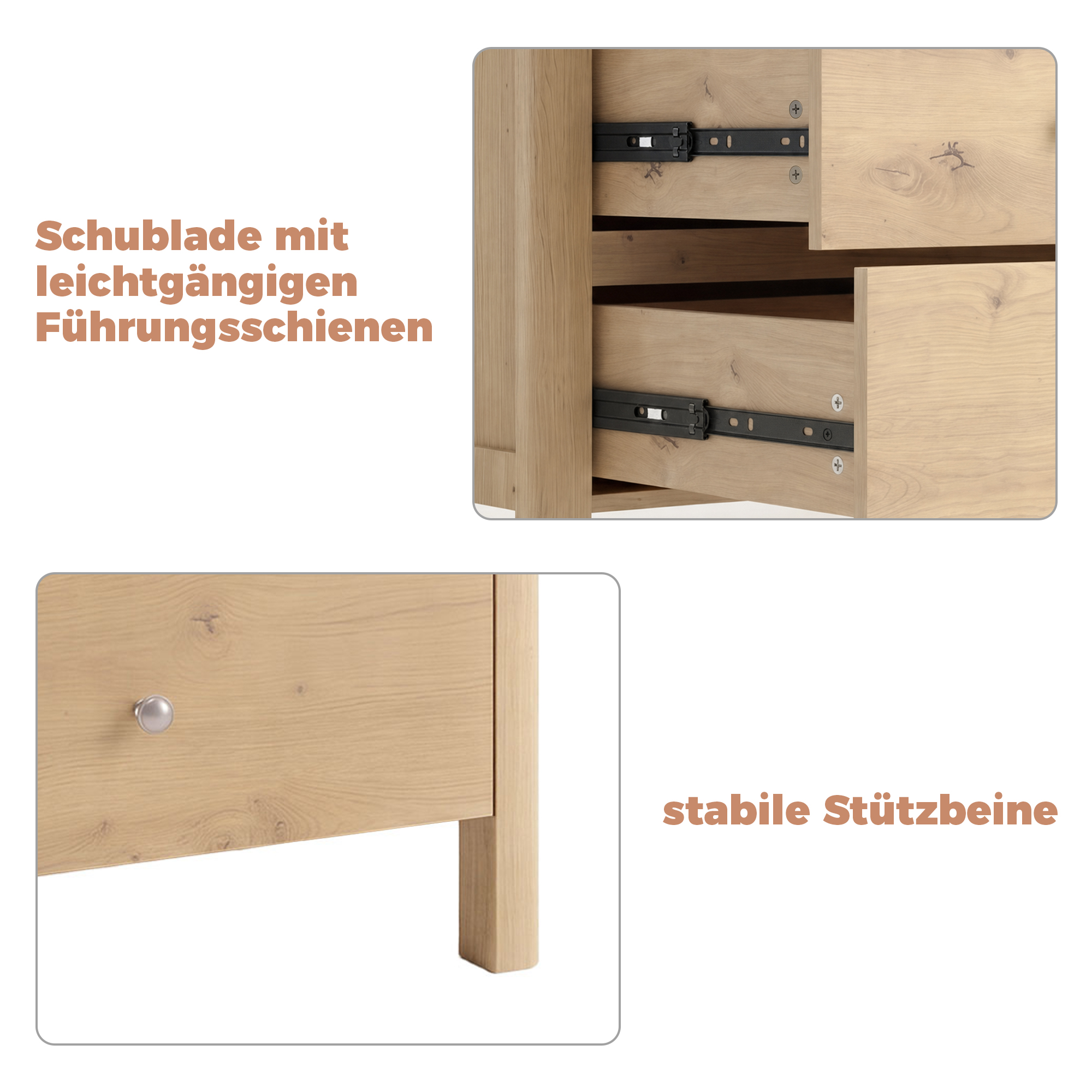 commode aspect chêne avec poignées métalliques argentées, esthétique moderne
