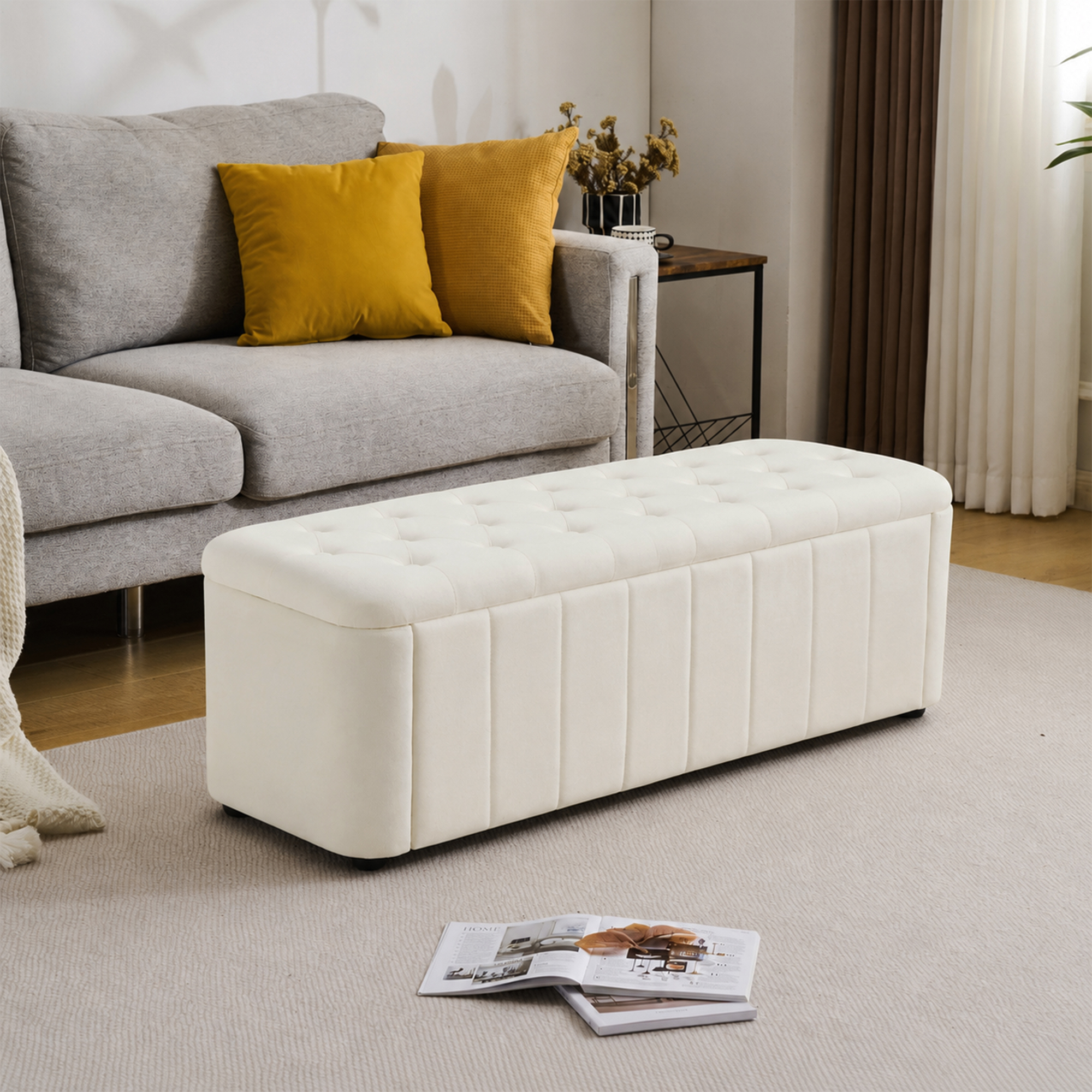 Banc coffre, assise rembourrée, rangement intégré, 132 x 47 x 44 cm, velours, beige - vue 3