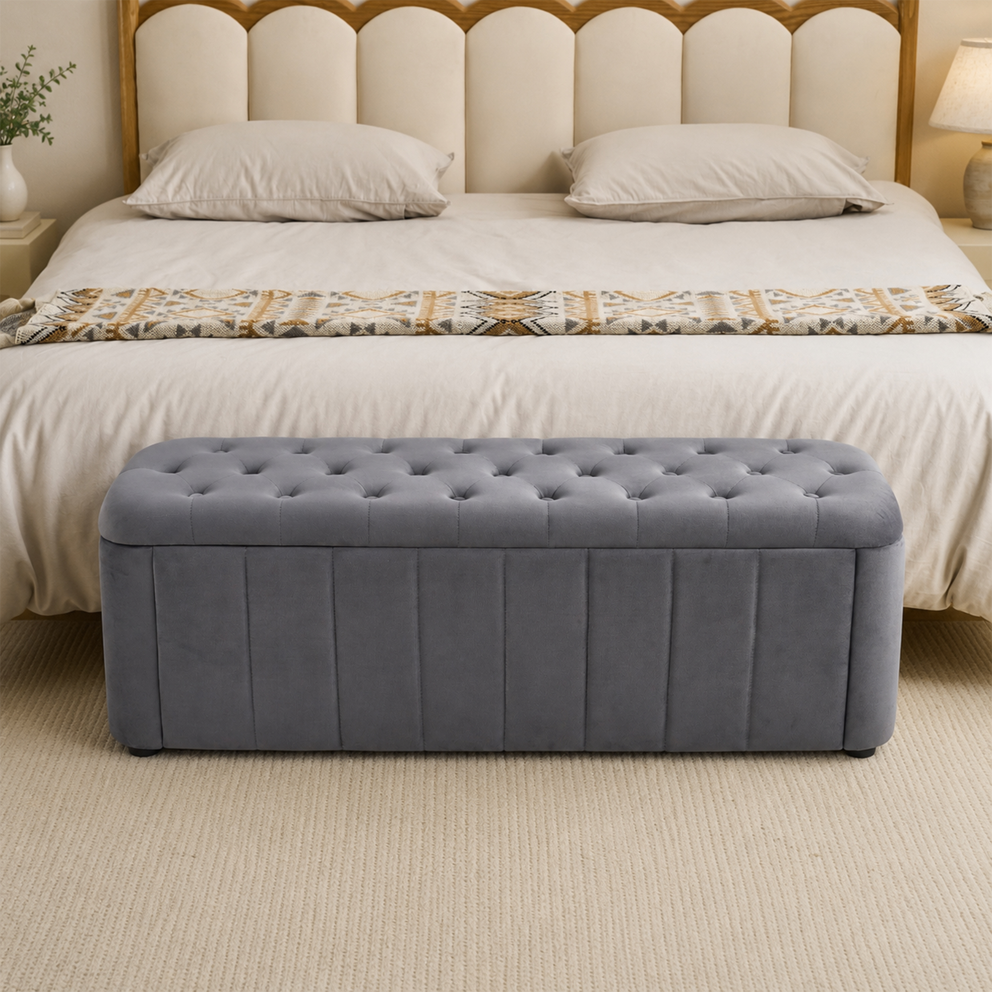 Banc coffre, assise rembourrée, rangement intégré, 132 x 47 x 44 cm, velours, gris - vue 4