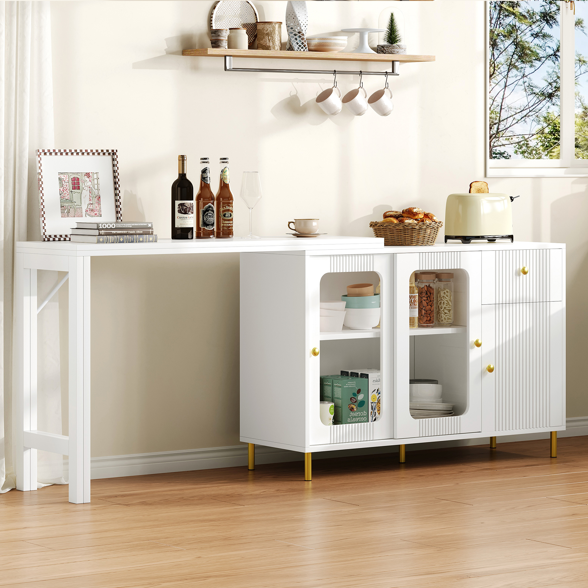 Buffet avec plateau extensible 122×40 à 122×80 cm, armoire blanche pieds métal doré, portes verre trempé, pour salon et salle à manger, design minimaliste, beaucoup de rangement, style élégant, fonctionnalité - image 15