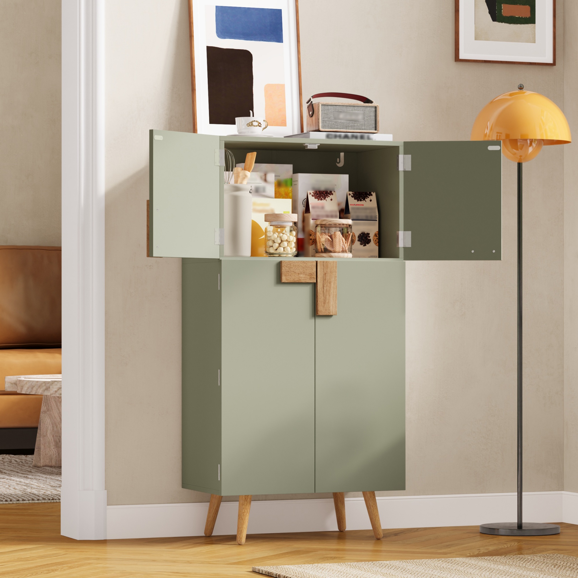Armoire haute de cuisine, étagères réglables, 4 portes, 60 x 35 x 120 cm, MDF, vert - vue 7
