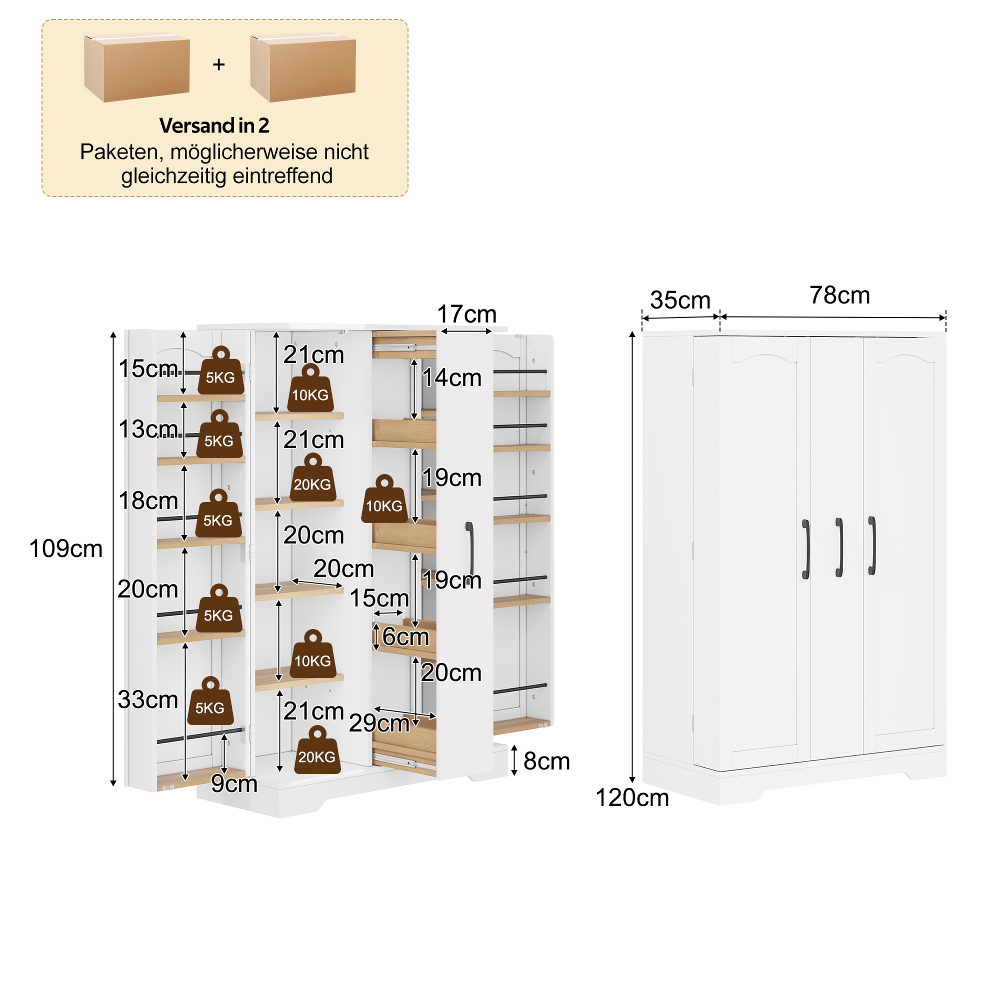 Buffet de rangement, étagères réglables, 78 x 35 x 120 cm, MDF, blanc - vue 2