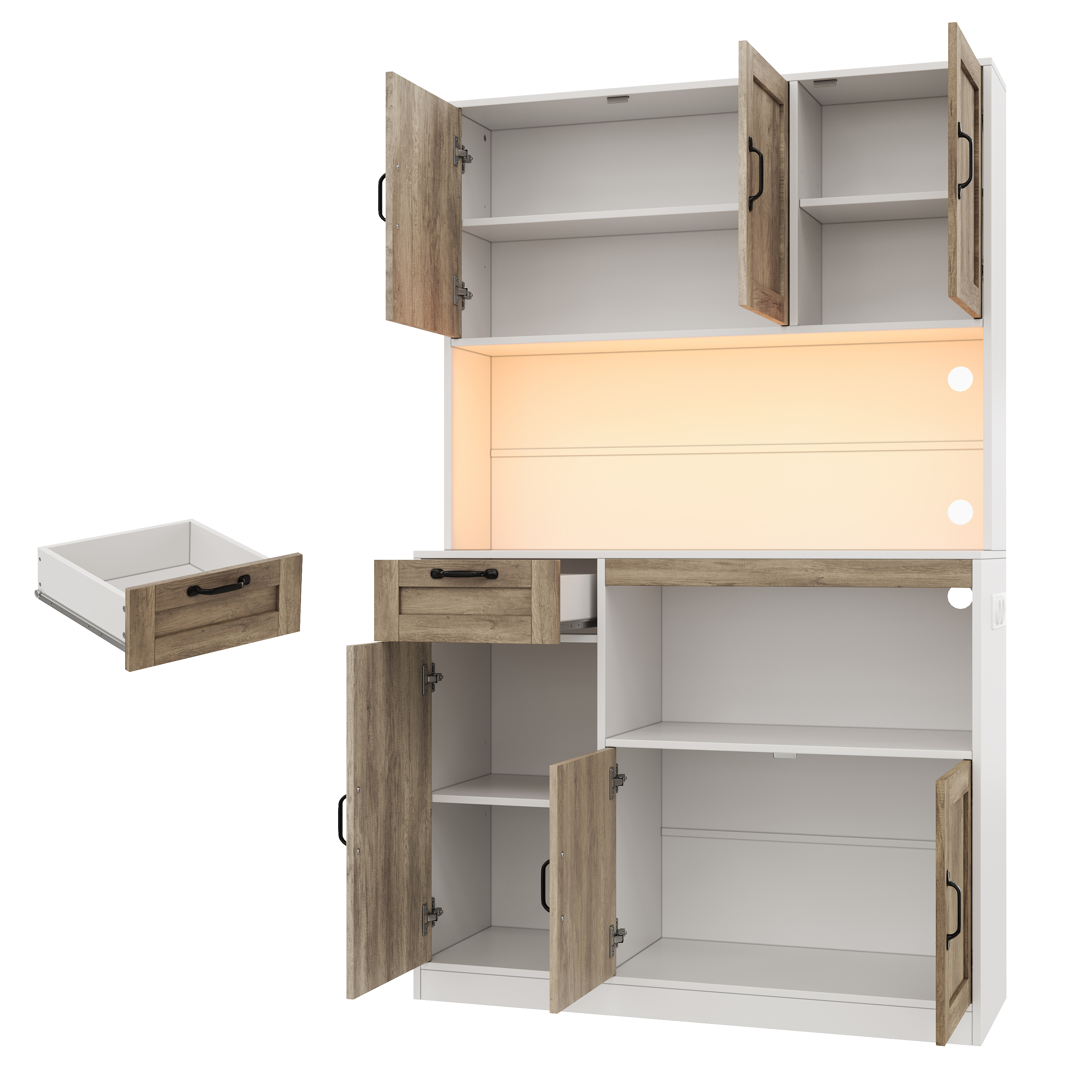 Vitrine, avec tiroirs, éclairage led, prises et recharge intégrées, 110 x 40 x 180 cm, MDF, bois naturel - vue 3