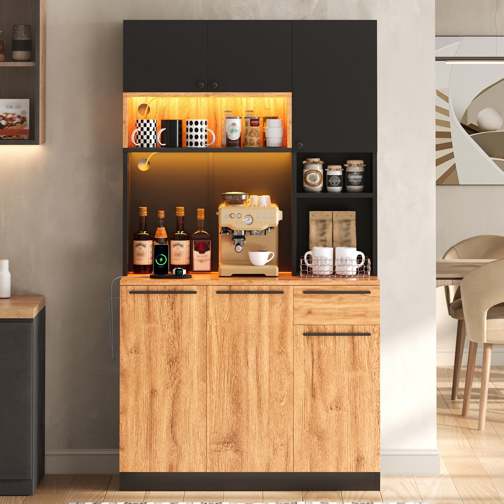 Buffet, avec tiroirs, éclairage led, prises et recharge intégrées, 100 x 40 x 180 cm, MDF, bois naturel - vue 5