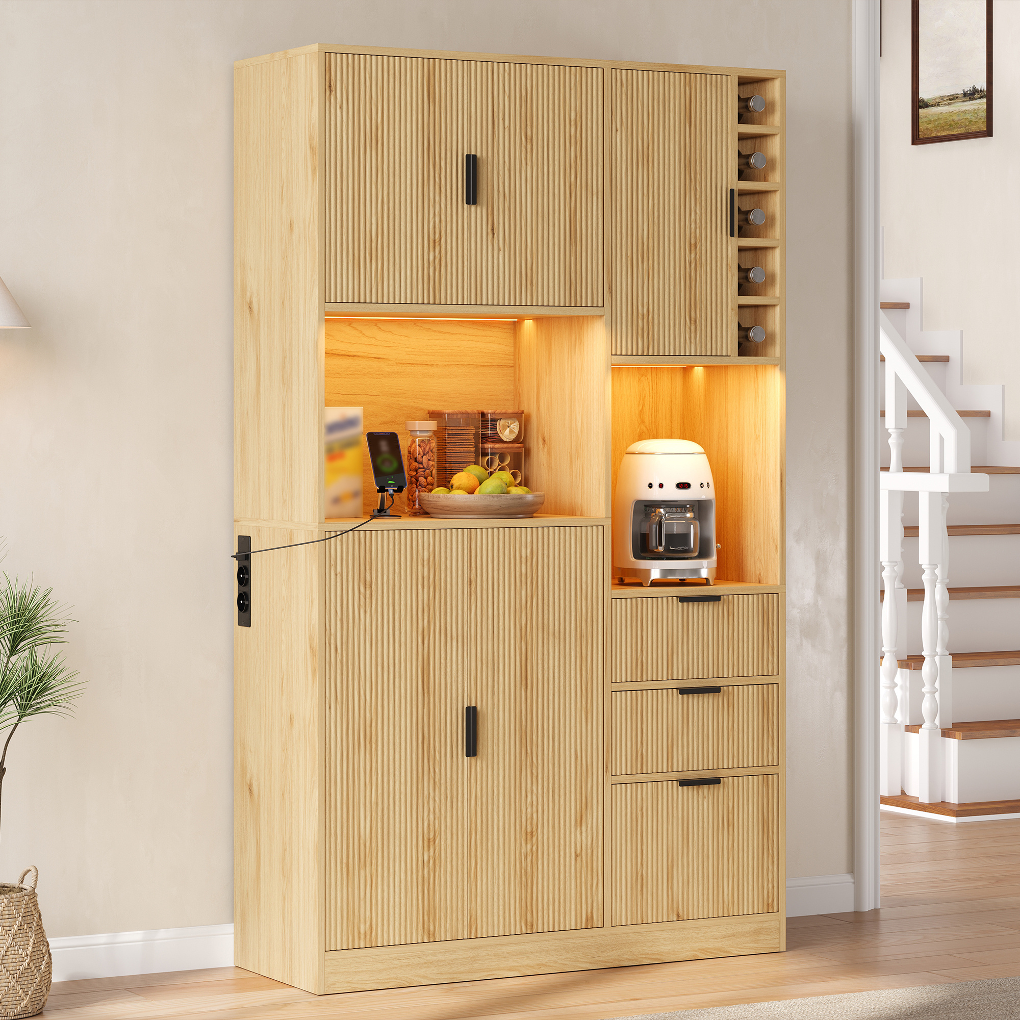 Meuble bar à vin, éclairage LED, étagères réglables, prises intégrées, rangement à vin, 105 x 40 x 180 cm, MDF, bois naturel - vue 5