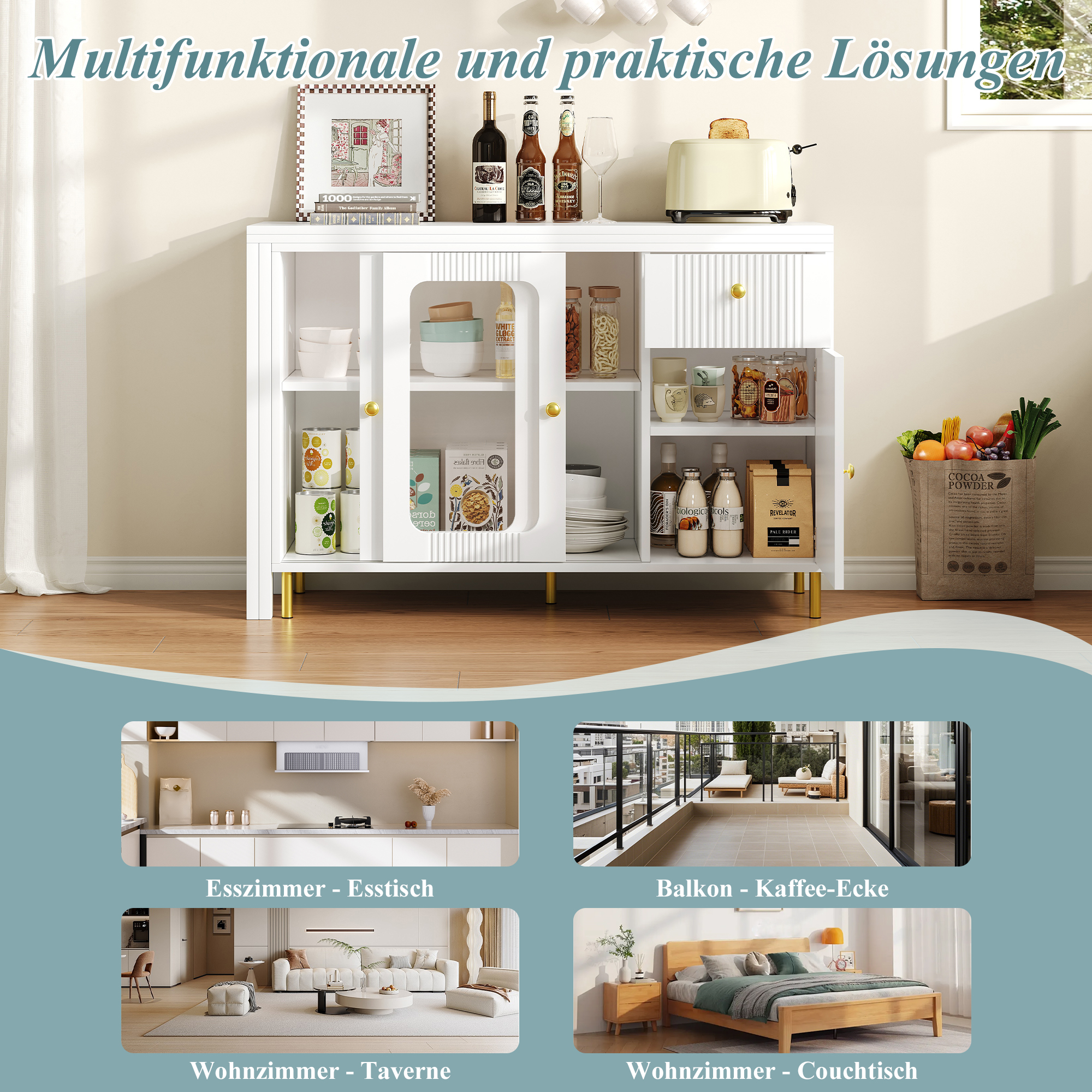 Moderner weißer Buffet-Sideboard mit klappbarer un