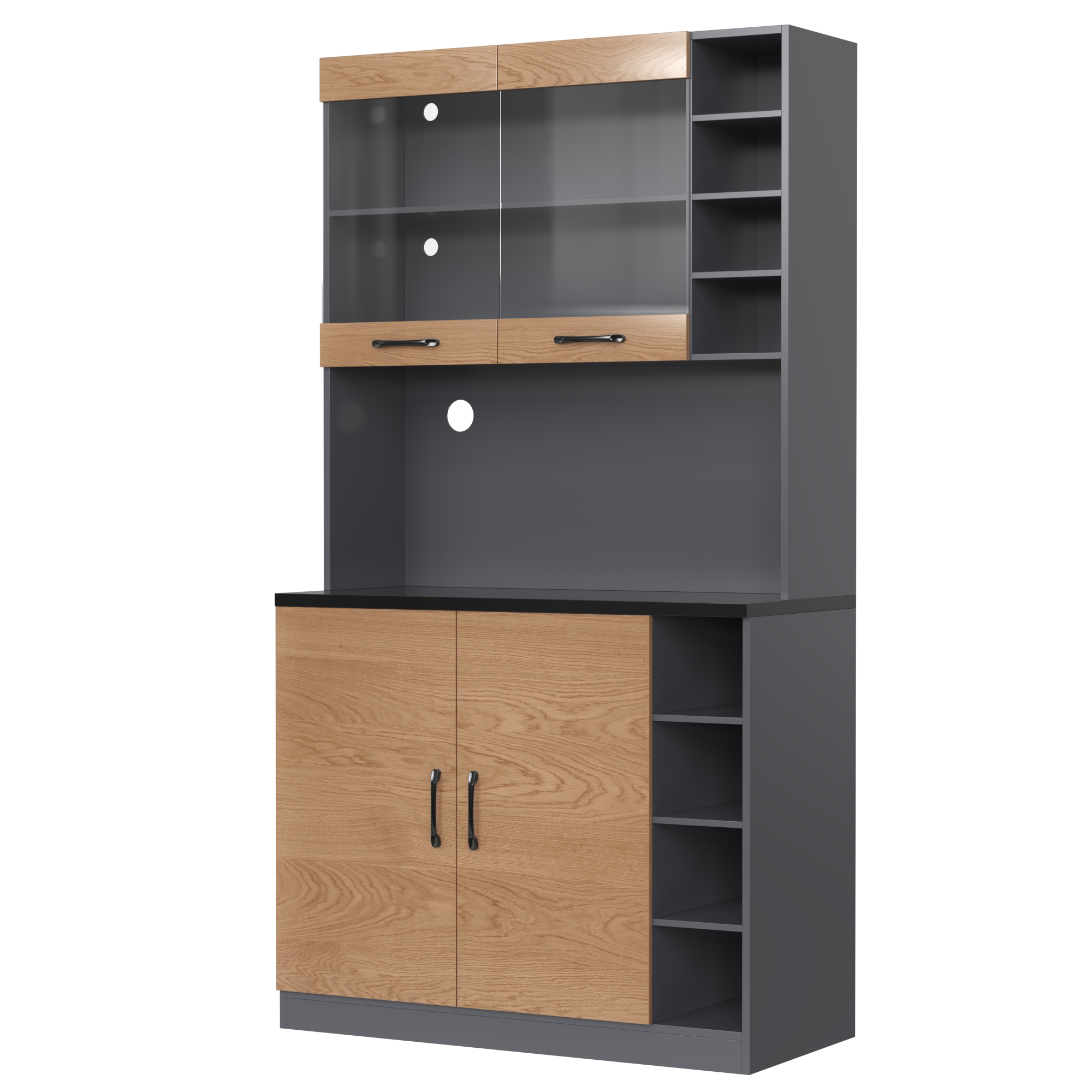 Buffet, hauteur réglable, éclairage led, 100 x 47 x 187 cm, bois et MDF, bois naturel - vue 2