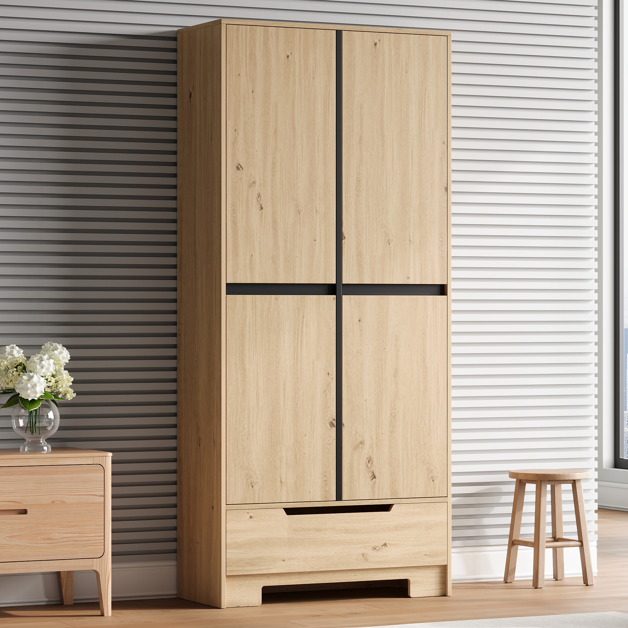 Buffet de cuisine, étagères réglables, 1 tiroir, 80 x 35 x 180 cm, MDF, bois naturel - vue 1